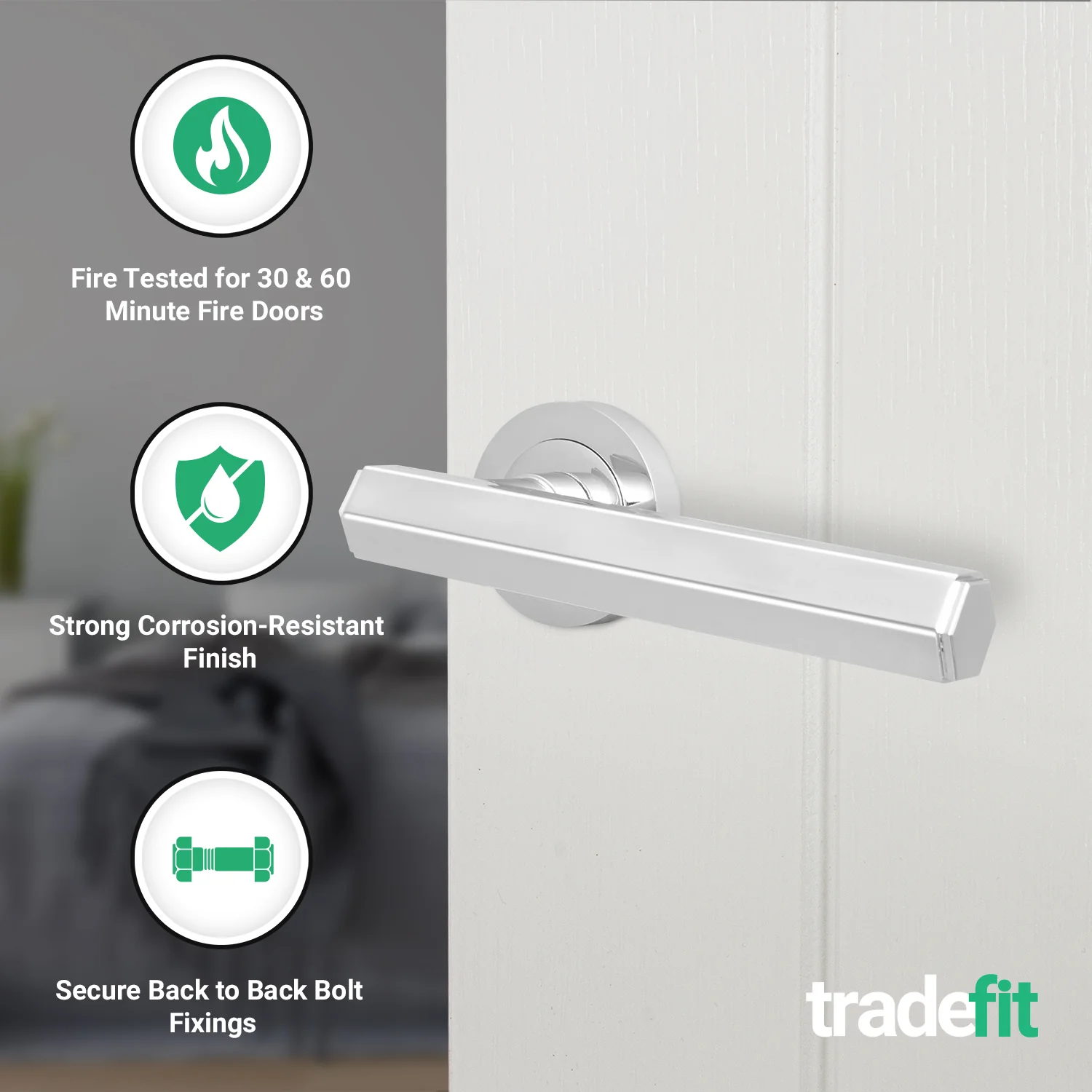 Moreno Polished Chrome Lever on Rose Door Handle Kit - Medium Duty FD30/60 - 76mm Latch - Image 2