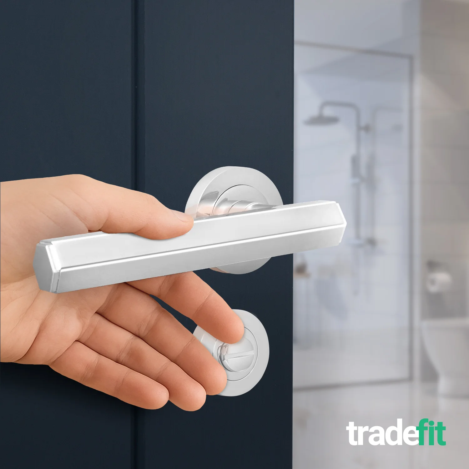 Moreno Polished Chrome Lever on Rose Door Handle Kit - Medium Duty FD30/60 - 80mm Bathroom Lock - Image 6