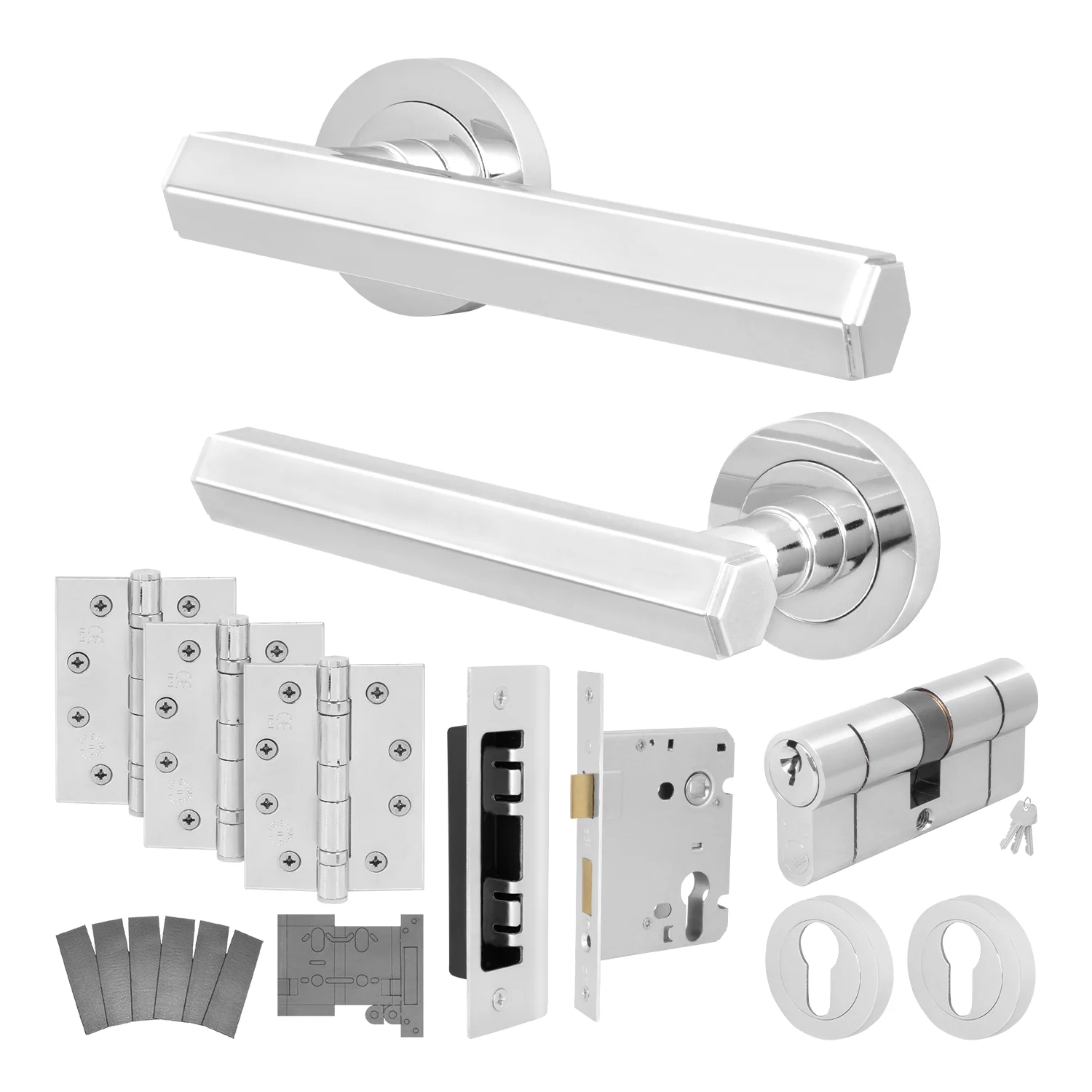 Moreno Polished Chrome Lever on Rose Door Handle Kit - Medium Duty FD30/60 - 80mm Euro Sashlock and Double Cylinder - Keyed to Differ