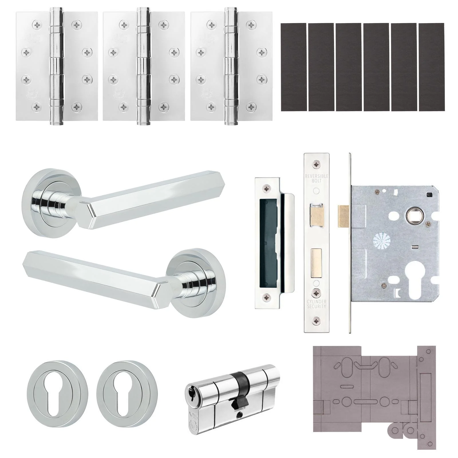 Moreno Polished Chrome Lever on Rose Door Handle Kit - Medium Duty FD30/60 - 80mm Euro Sashlock and Double Cylinder - Master Keyed