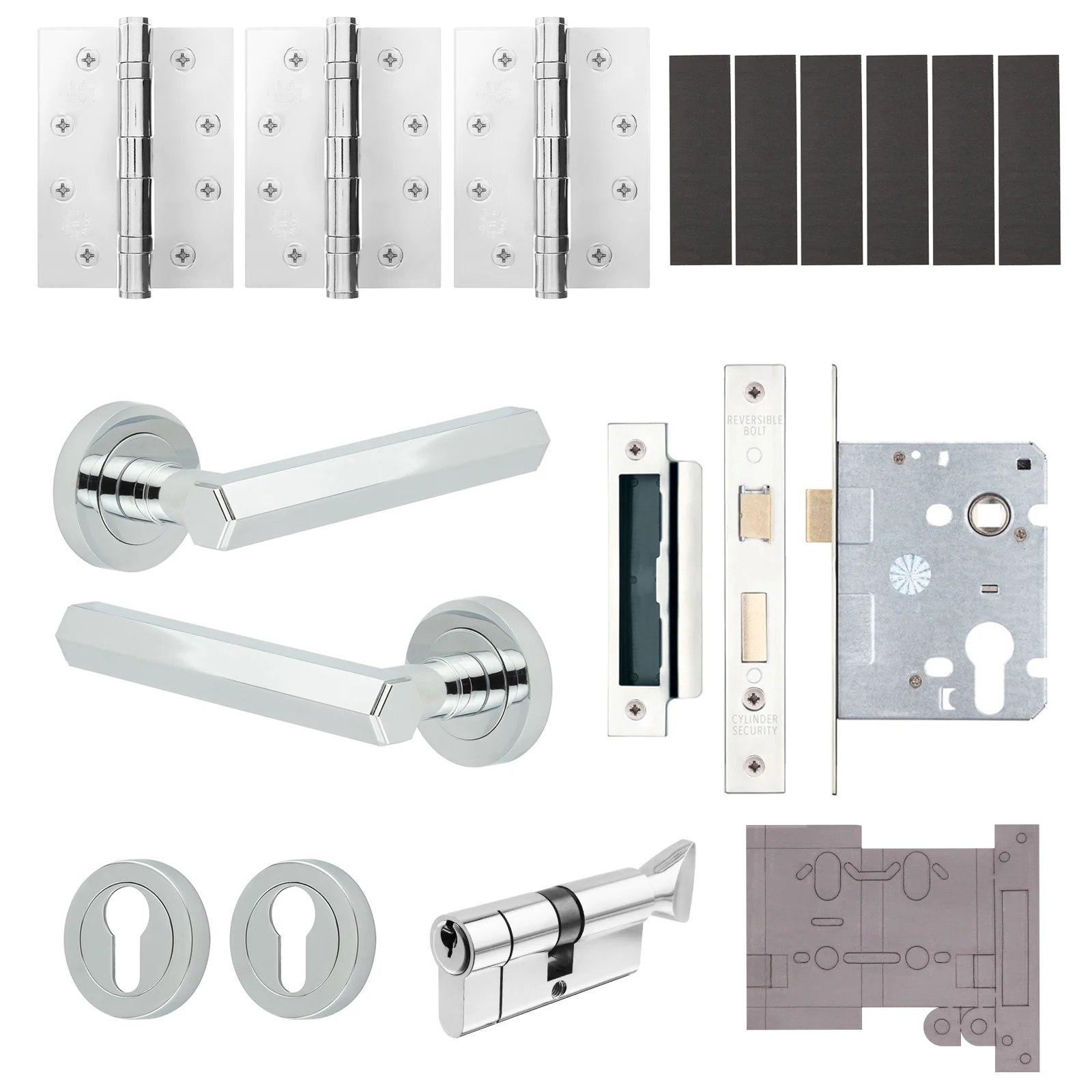 Moreno Polished Chrome Lever on Rose Door Handle Kit - Medium Duty FD30/60 - 80mm Euro Sashlock and Thumbturn Cylinder - Keyed Alike