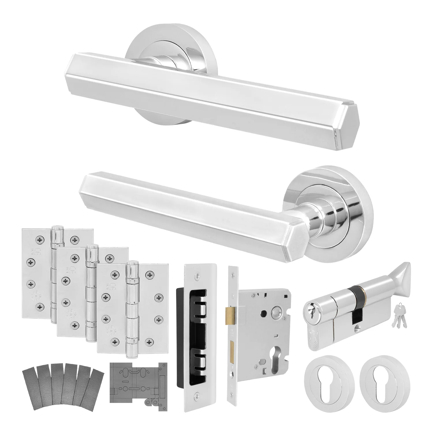 Moreno Polished Chrome Lever on Rose Door Handle Kit - Medium Duty FD30/60 - 80mm Euro Sashlock and Thumbturn Cylinder - Master Keyed - Image 2