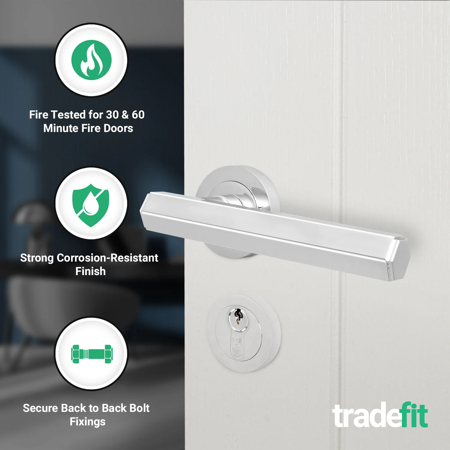 Moreno Polished Chrome Lever on Rose Door Handle Kit - Medium Duty FD30/60 - 80mm Euro Sashlock and Thumbturn Cylinder - Master Keyed - Image 3