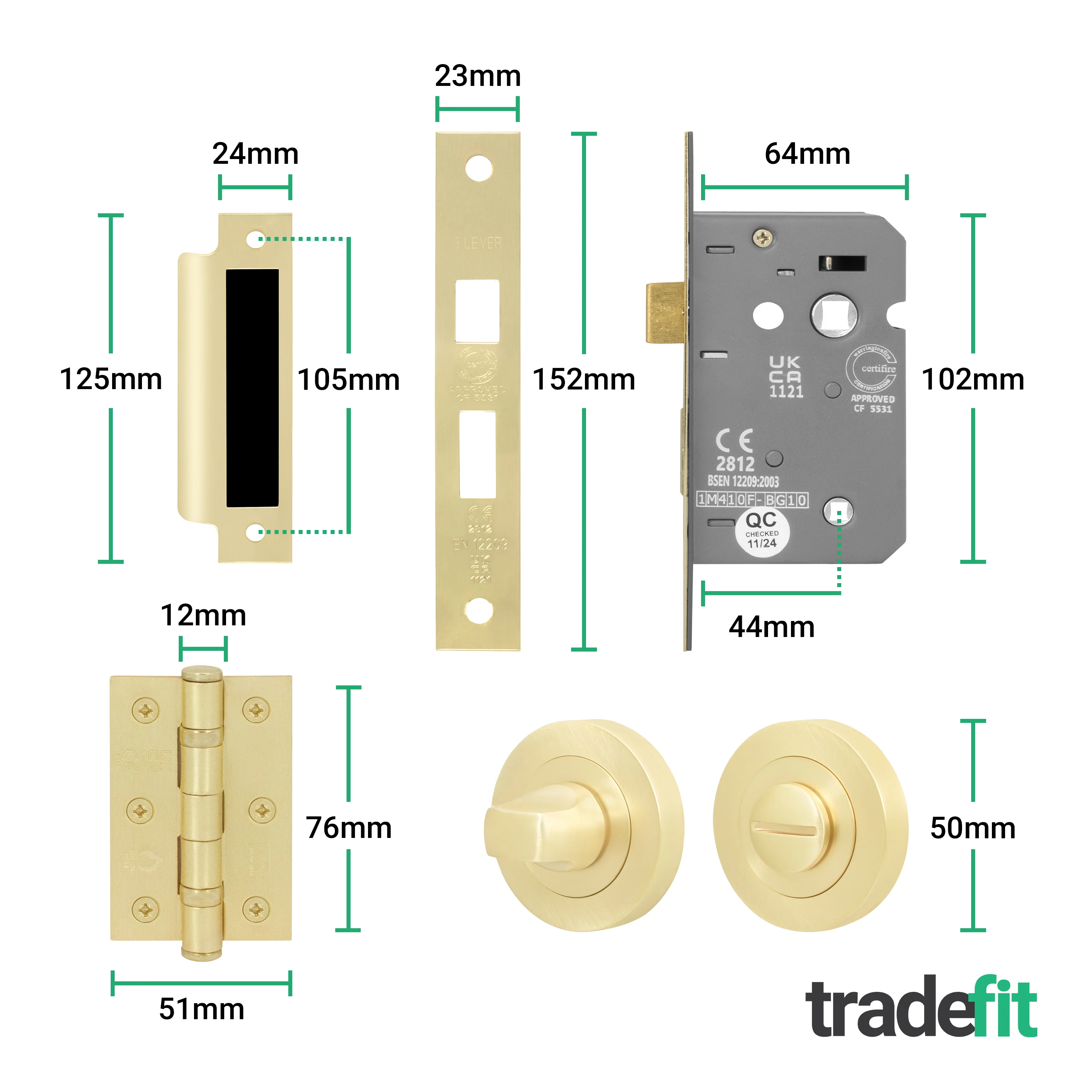 Moreno Satin Brass Lever on Rose Door Handle Kit - 64mm Bathroom Lock - Image 5