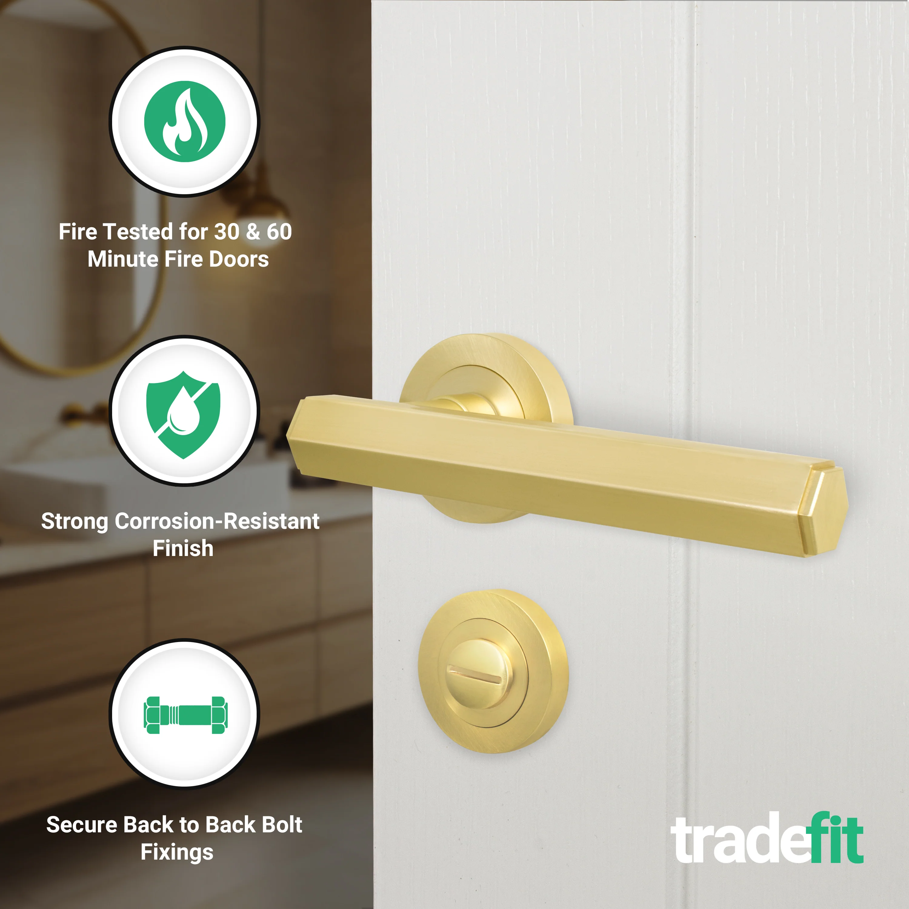 Moreno Satin Brass Lever on Rose Door Handle Kit - Medium Duty FD30/60 - 80mm Bathroom Lock - Image 2