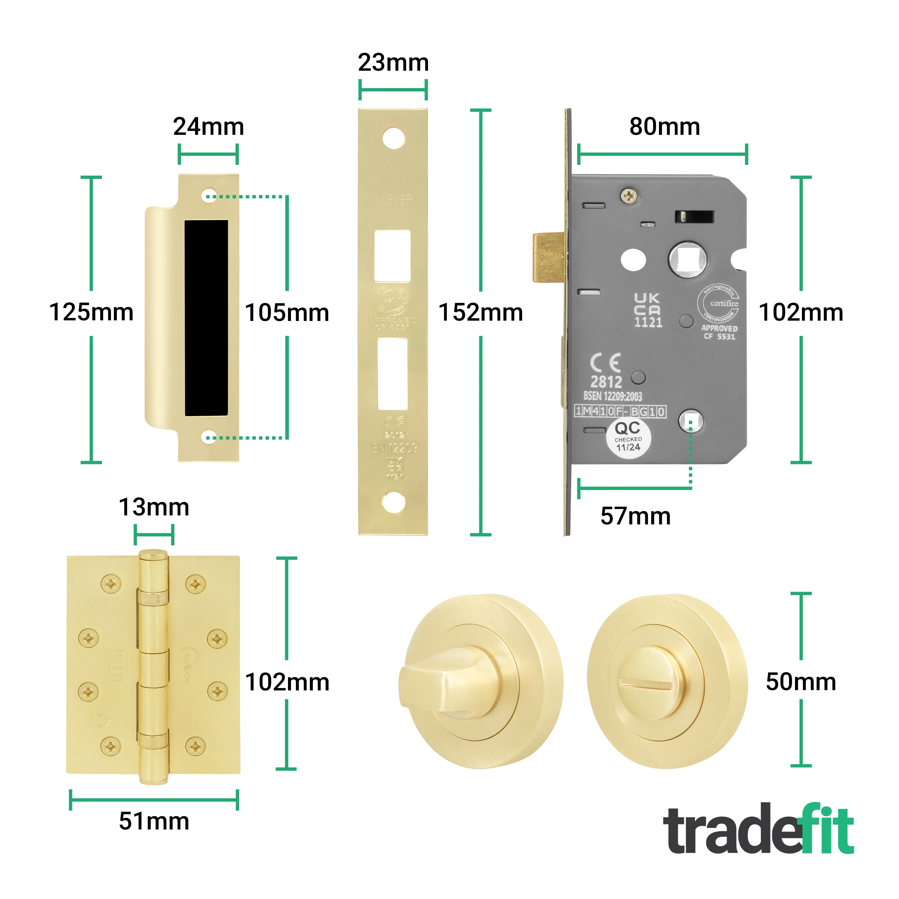 Moreno Satin Brass Lever on Rose Door Handle Kit - Medium Duty FD30/60 - 80mm Bathroom Lock - Image 5