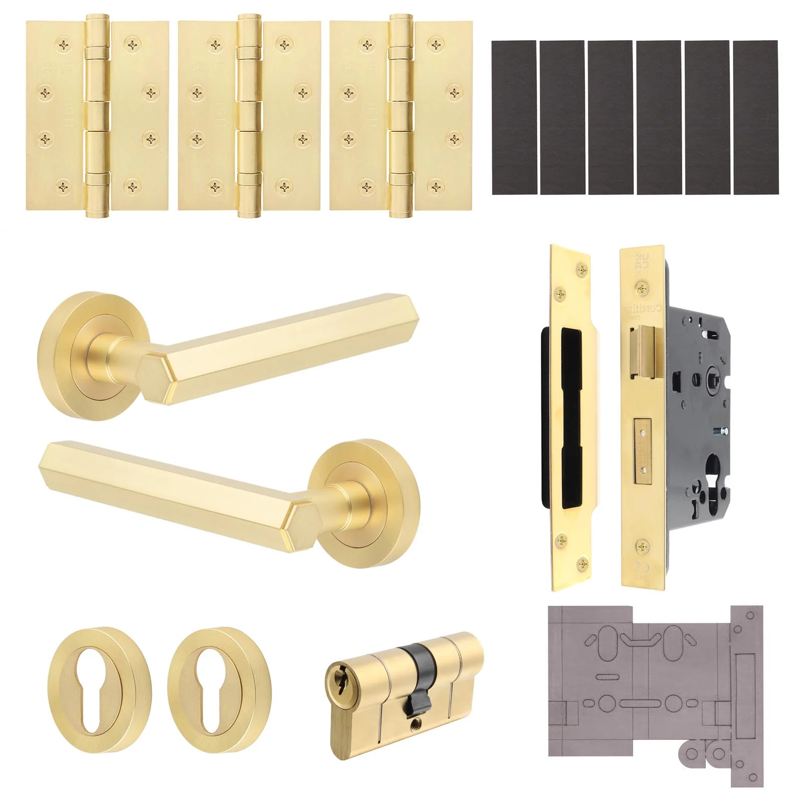 Moreno Satin Brass Lever on Rose Door Handle Kit - Medium Duty FD30/60 - 80mm Euro Sashlock and Double Cylinder - Keyed Alike