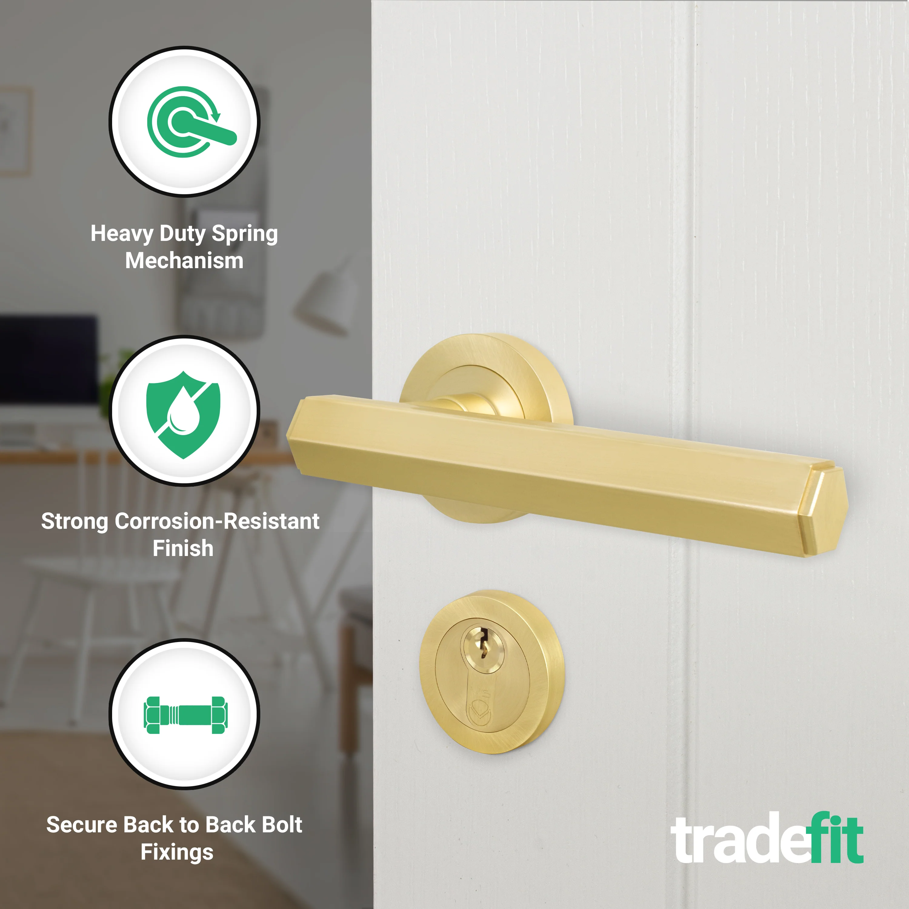 Moreno Satin Brass Lever on Rose Door Handle Kit - Medium Duty FD30/60 - 80mm Euro Sashlock and Double Cylinder - Keyed Alike - Image 3