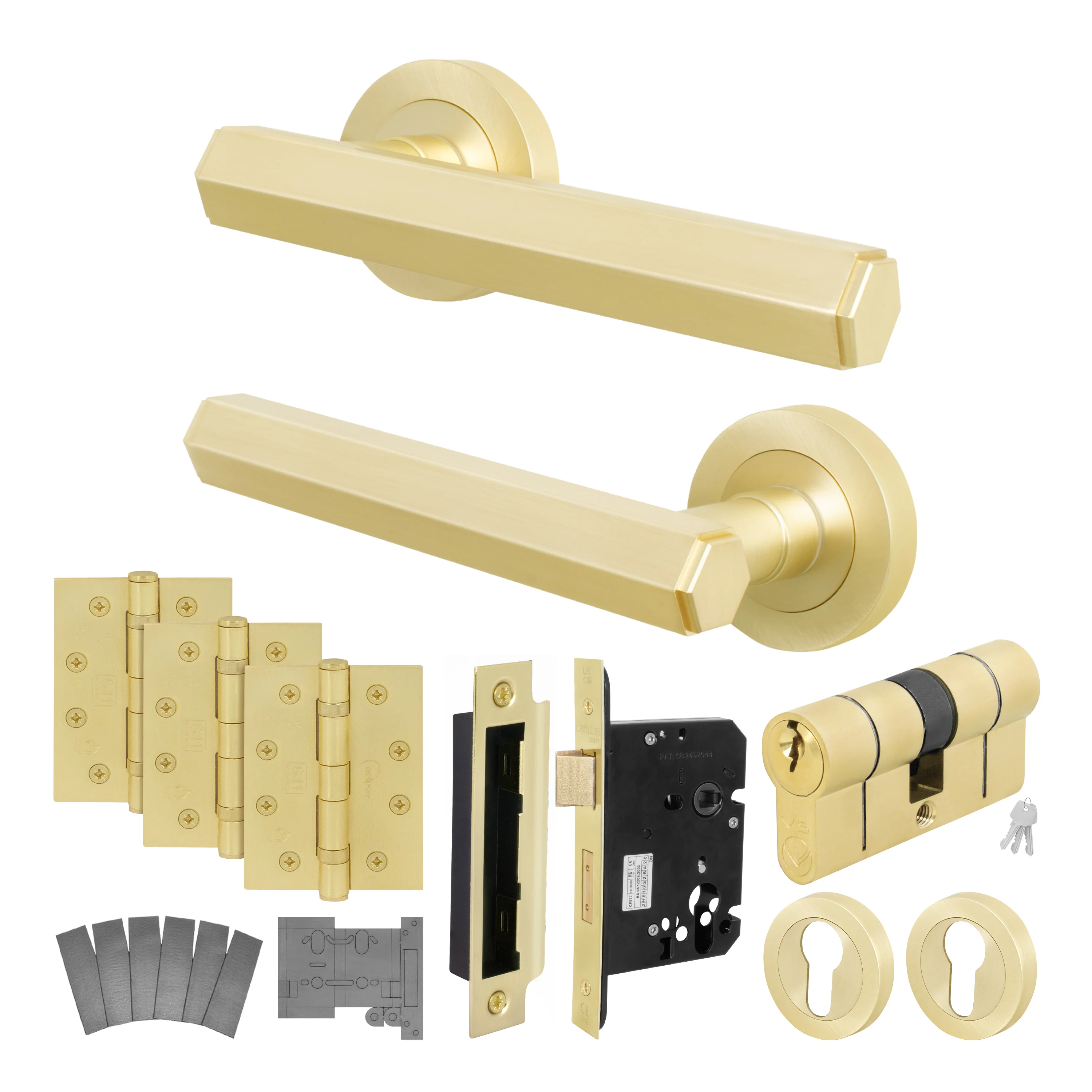 Moreno Satin Brass Lever on Rose Door Handle Kit - Medium Duty FD30/60 - 80mm Euro Sashlock and Double Cylinder - Master Keyed - Image 2