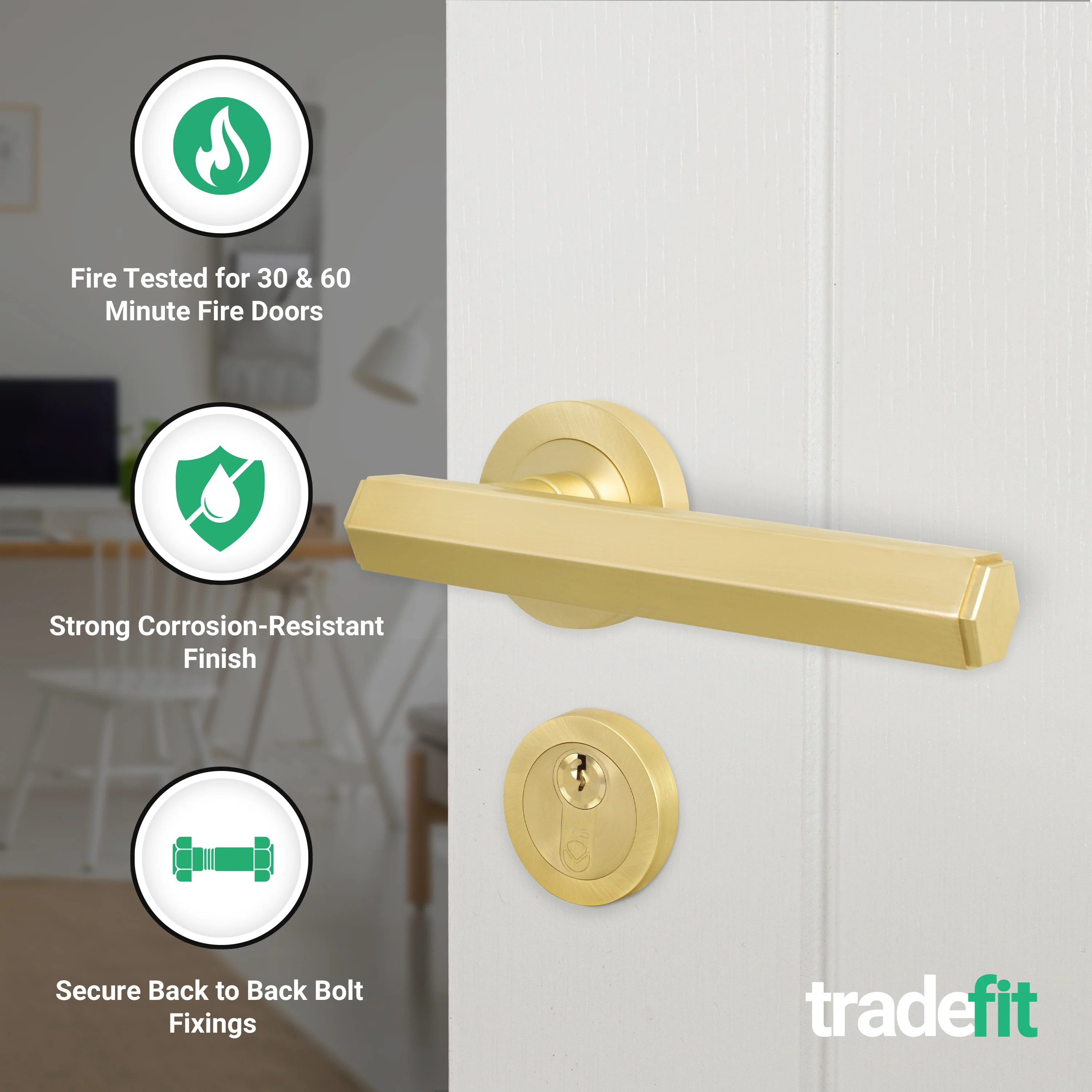 Moreno Satin Brass Lever on Rose Door Handle Kit - Medium Duty FD30/60 - 80mm Euro Sashlock and Thumbturn Cylinder - Keyed to Differ - Image 2