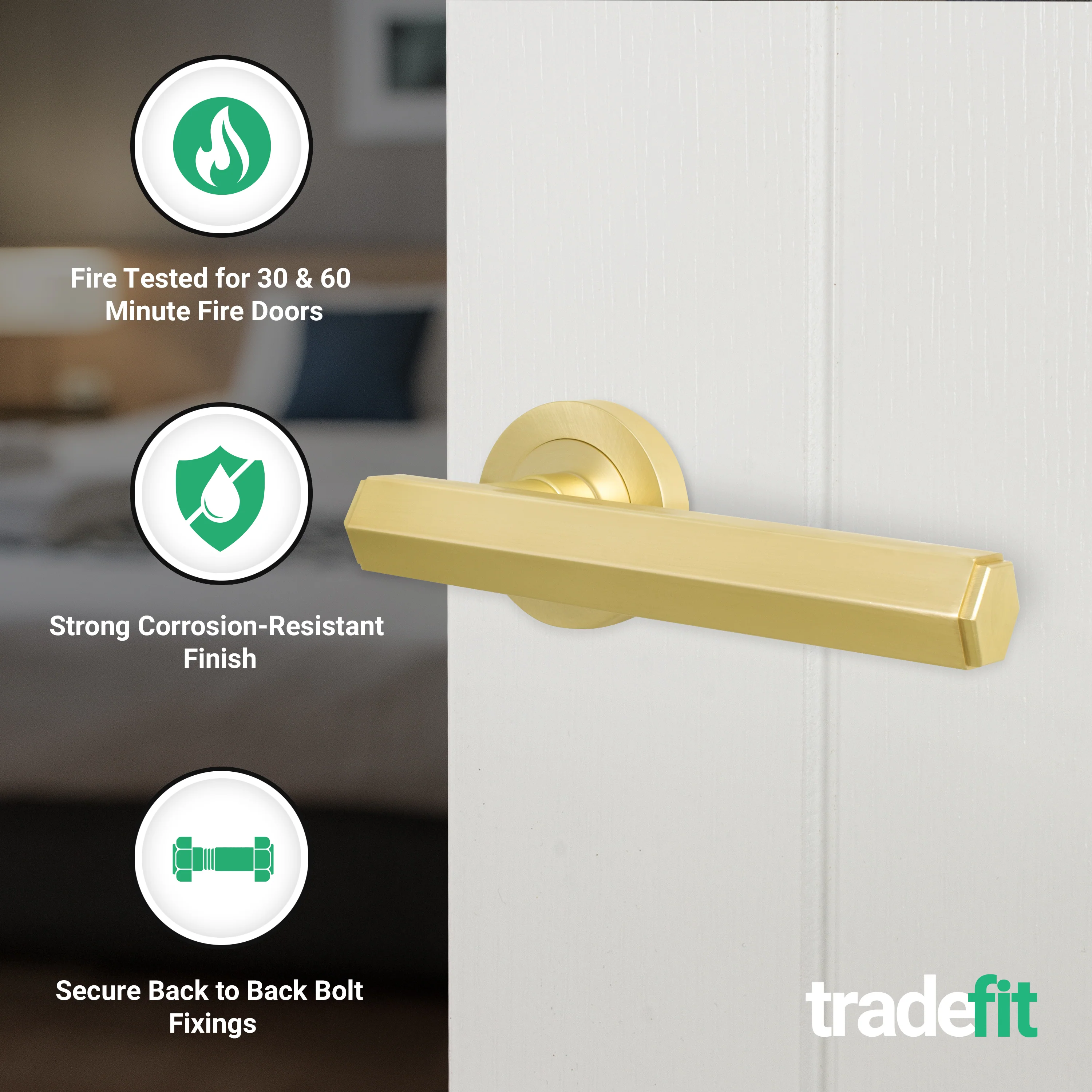 Moreno Satin Brass Lever on Rose Door Handles - Heavy Duty - FD30/60 Rated - Image 2