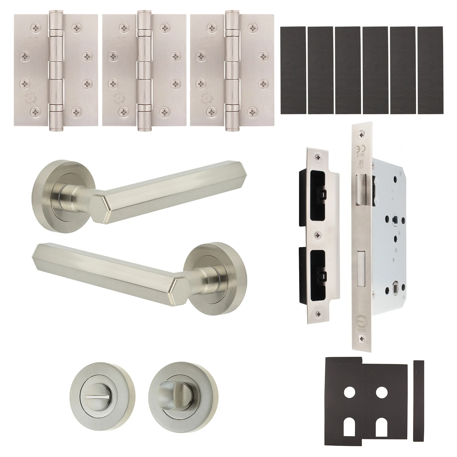Moreno Satin Nickel Lever on Rose Door Handle Kit - Heavy Duty FD30/60 - DIN Bathroom Lock