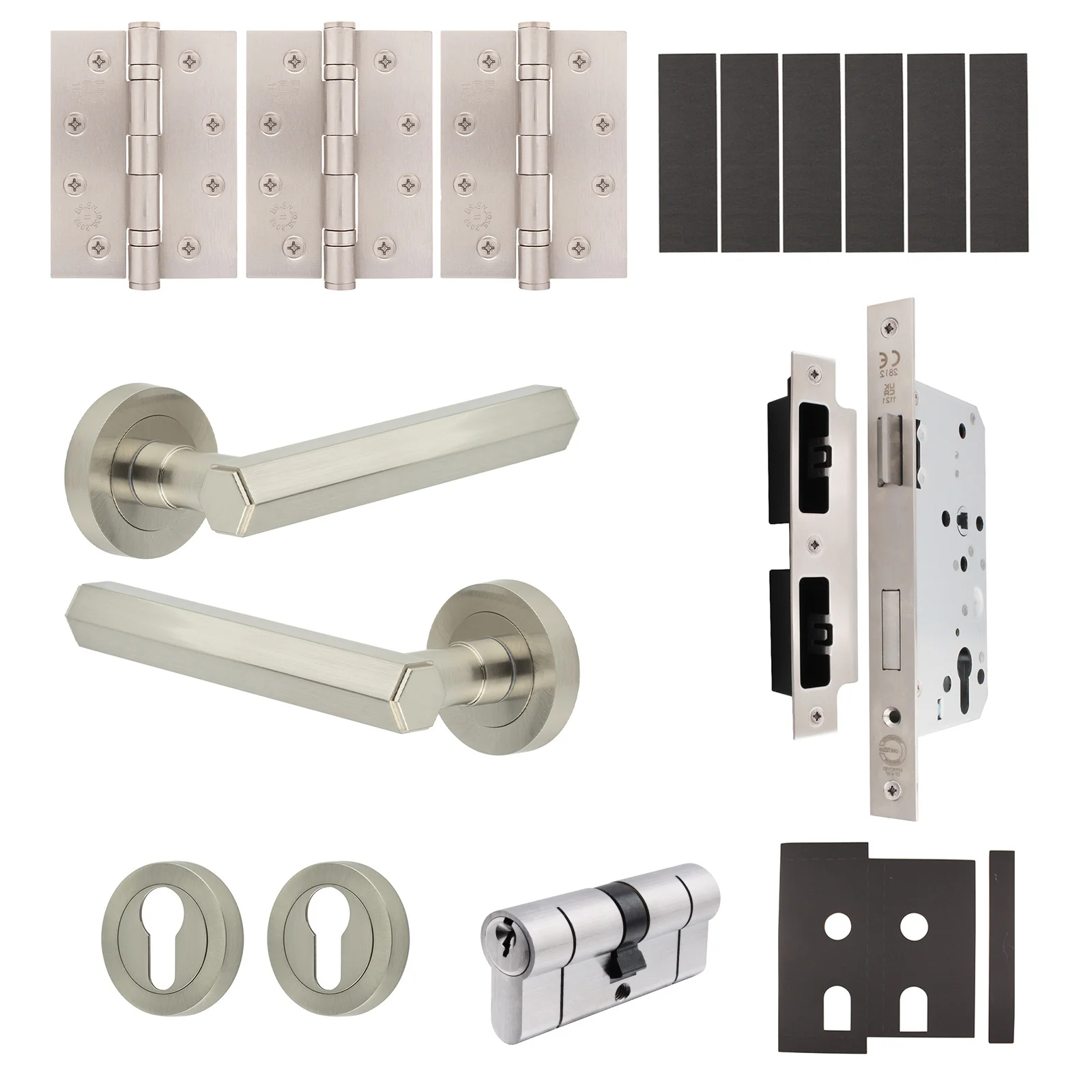 Moreno Satin Nickel Lever on Rose Door Handle Kit - Heavy Duty FD30/60 - DIN Euro Sashlock and Double Cylinder - Master Keyed