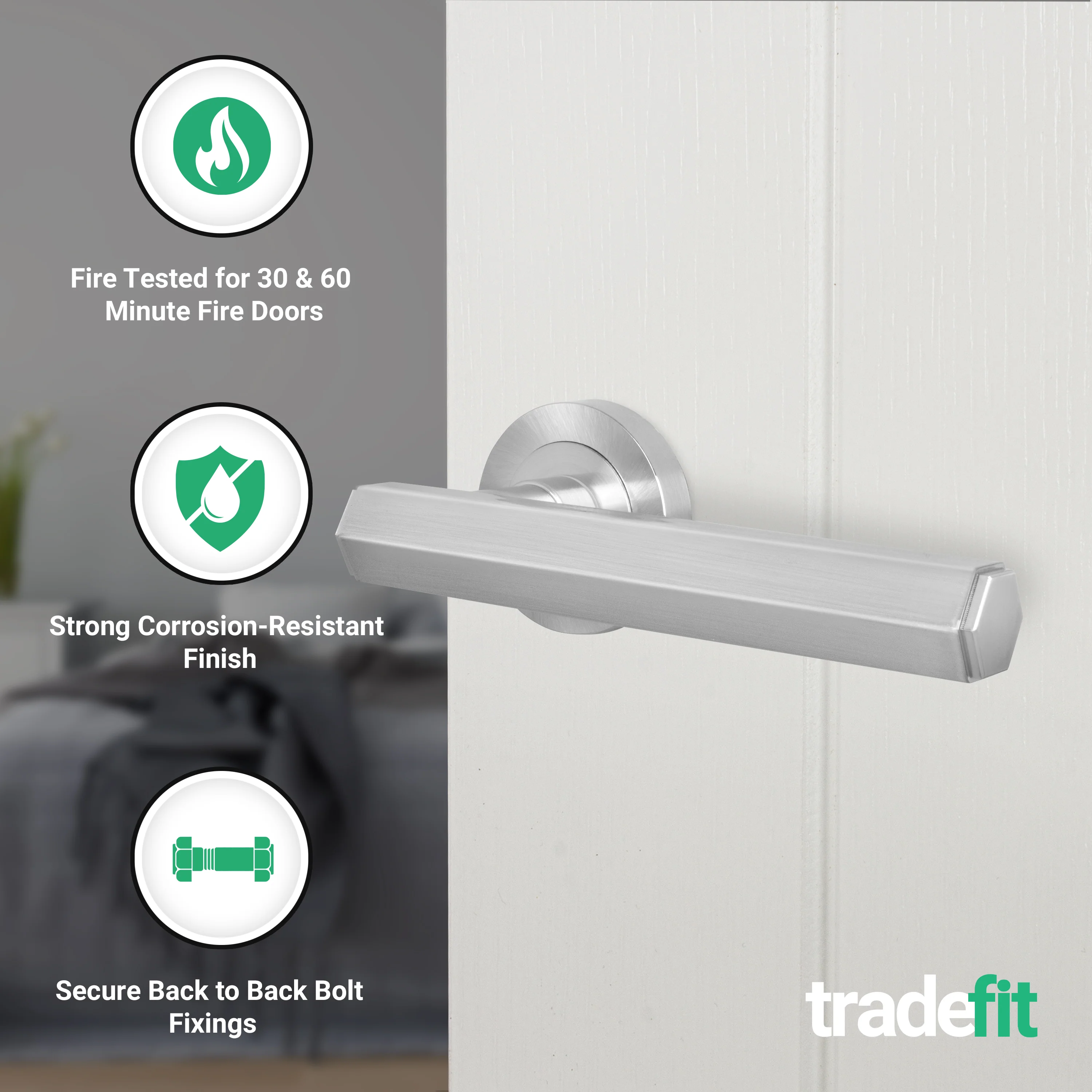 Moreno Satin Nickel Lever on Rose Door Handle Kit - Medium Duty FD30/60 - 76mm Latch - Image 2