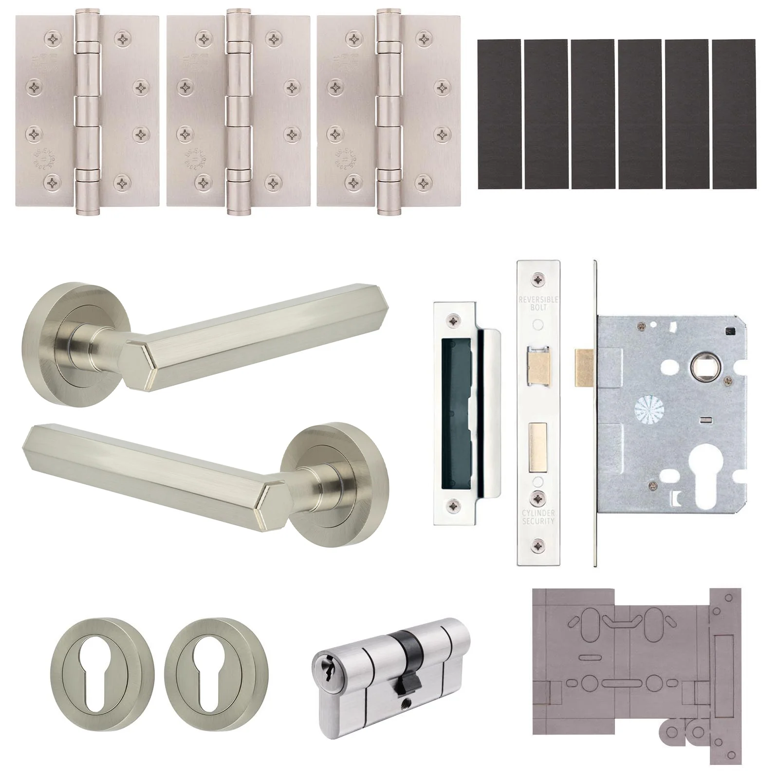 Moreno Satin Nickel Lever on Rose Door Handle Kit - Medium Duty FD30/60 - 80mm Euro Sashlock and Double Cylinder - Keyed Alike