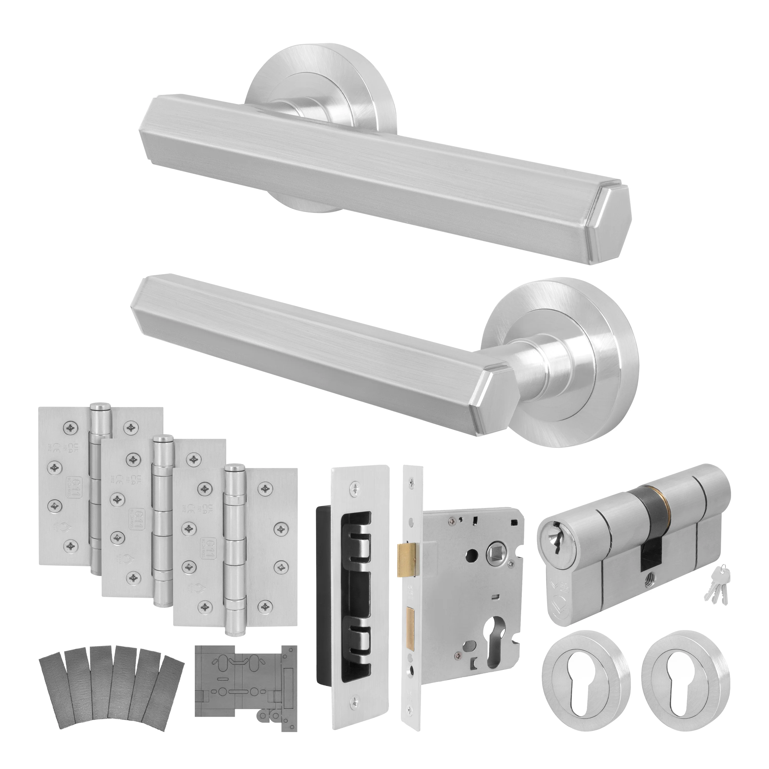 Moreno Satin Nickel Lever on Rose Door Handle Kit - Medium Duty FD30/60 - 80mm Euro Sashlock and Double Cylinder - Keyed Alike - Image 2