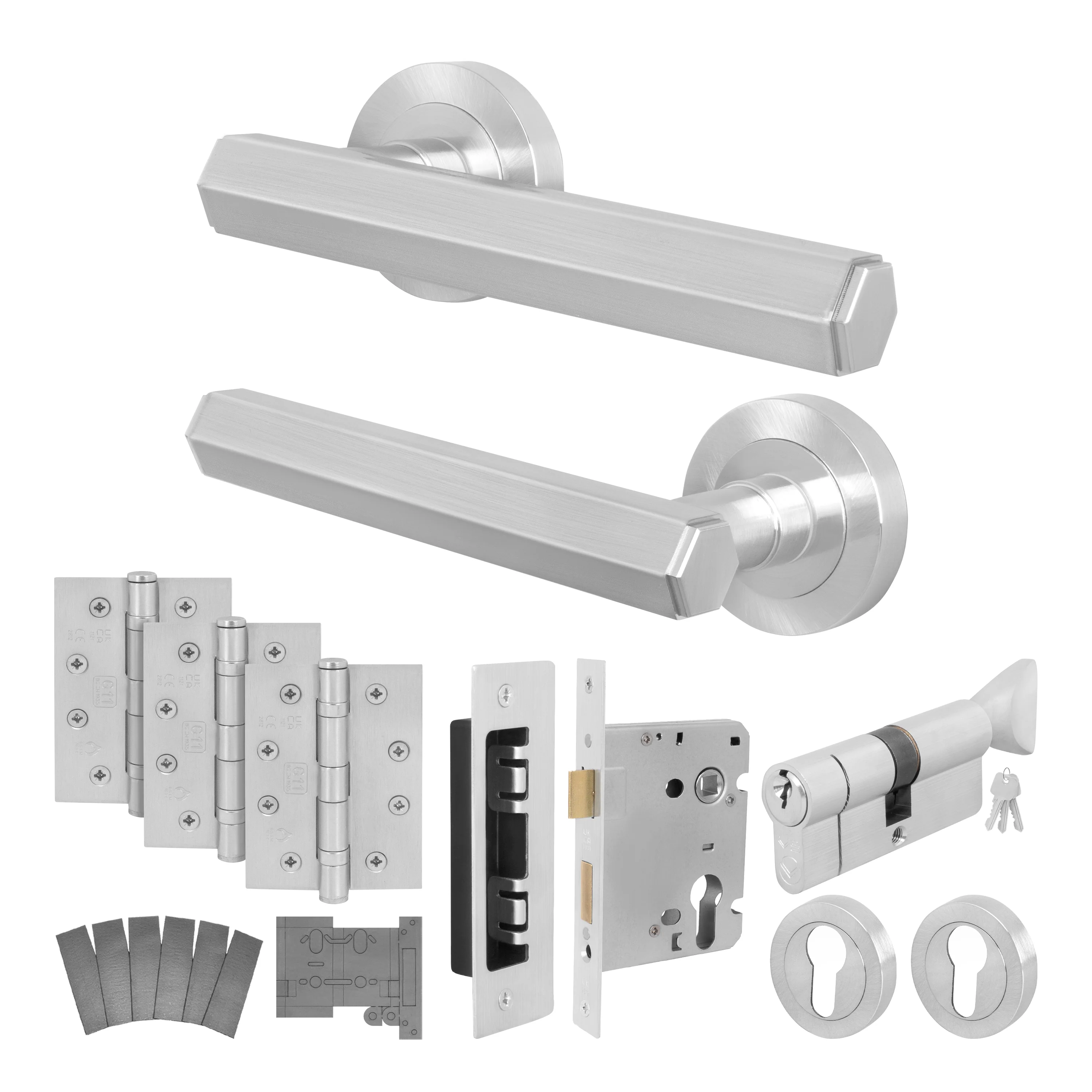 Moreno Satin Nickel Lever on Rose Door Handle Kit - Medium Duty FD30/60 - 80mm Euro Sashlock and Thumbturn Cylinder - Keyed to Differ