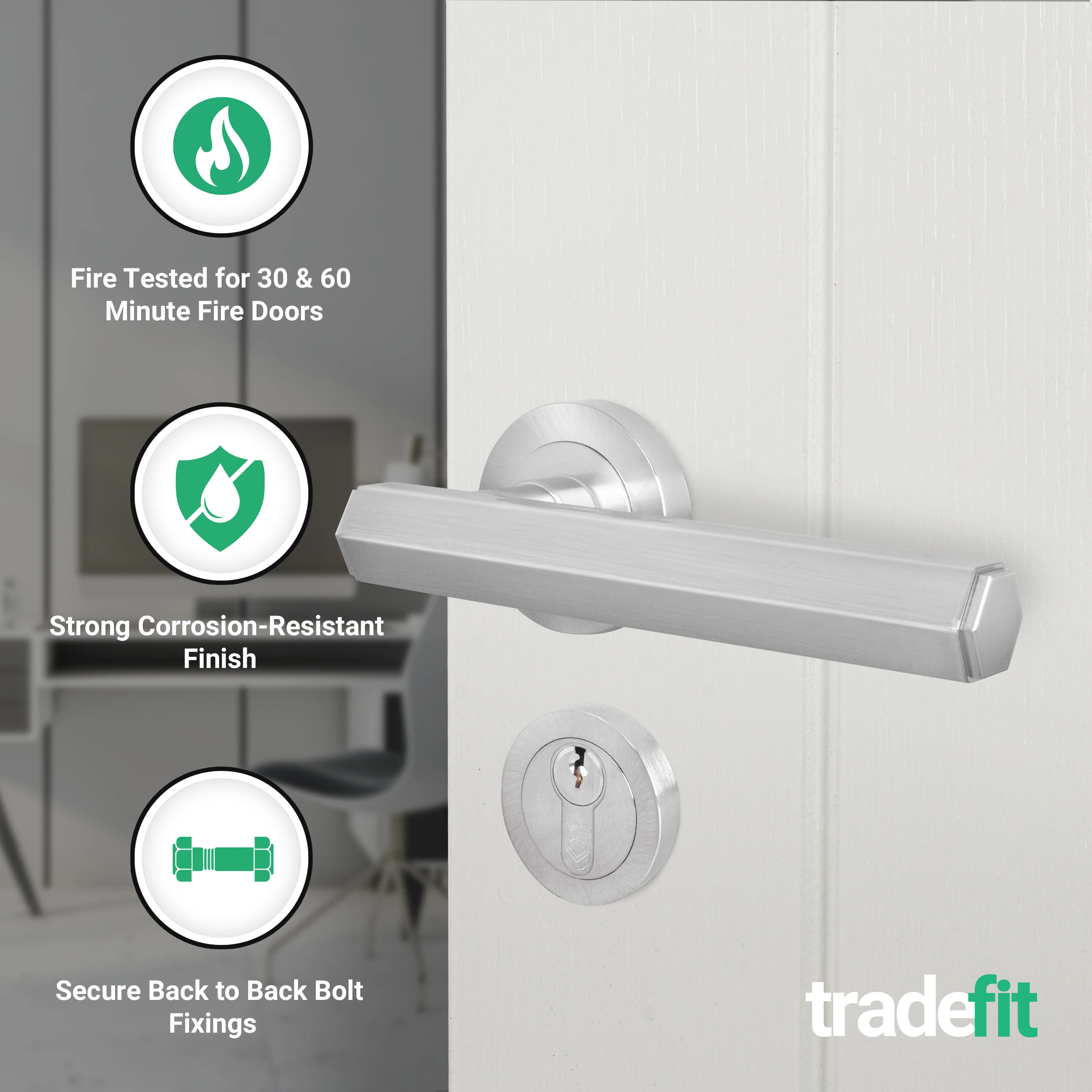 Moreno Satin Nickel Lever on Rose Door Handle Kit - Medium Duty FD30/60 - 80mm Euro Sashlock and Thumbturn Cylinder - Keyed to Differ - Image 2