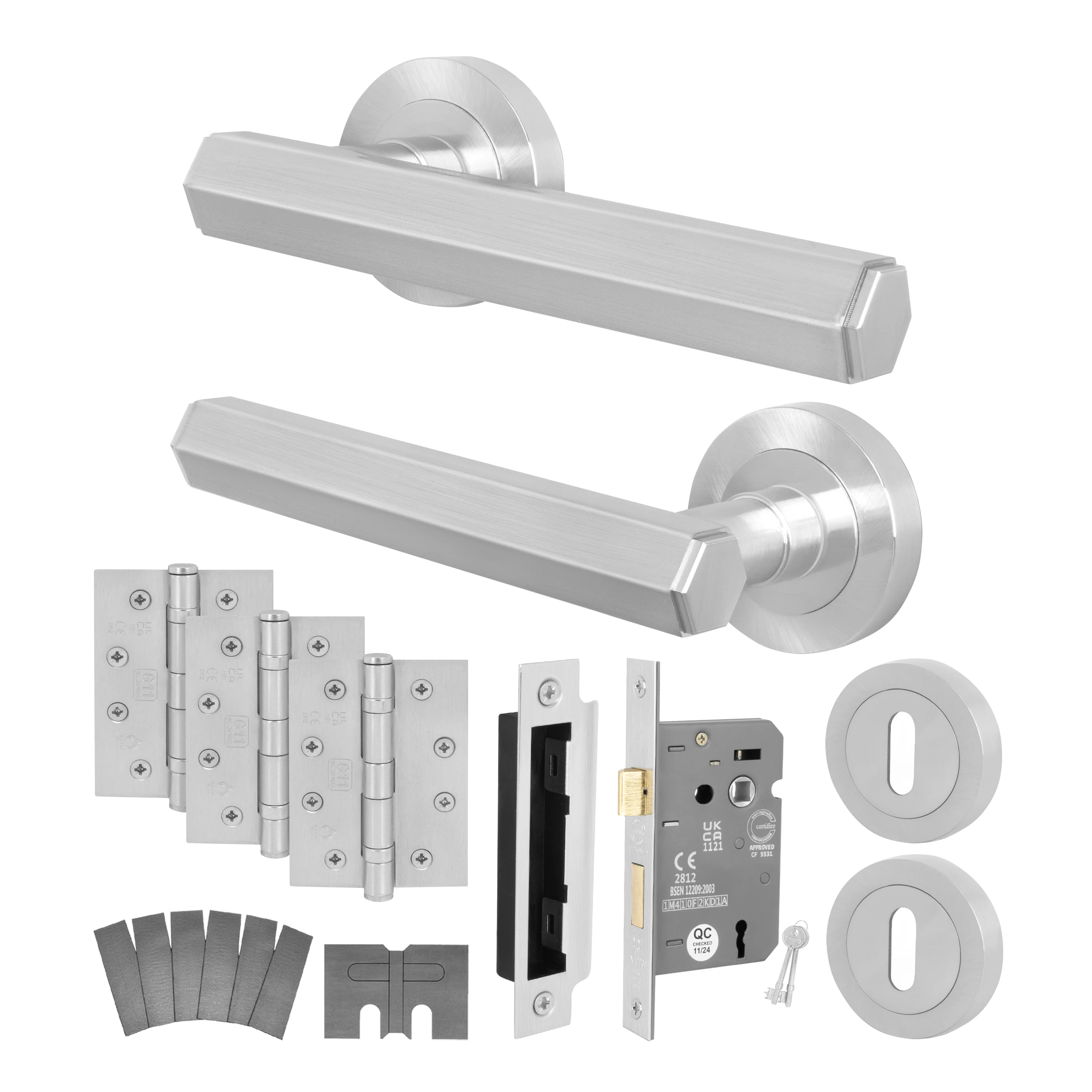Moreno Satin Nickel Lever on Rose Door Handle Kit - Medium Duty FD30/60 - 80mm Sashlock