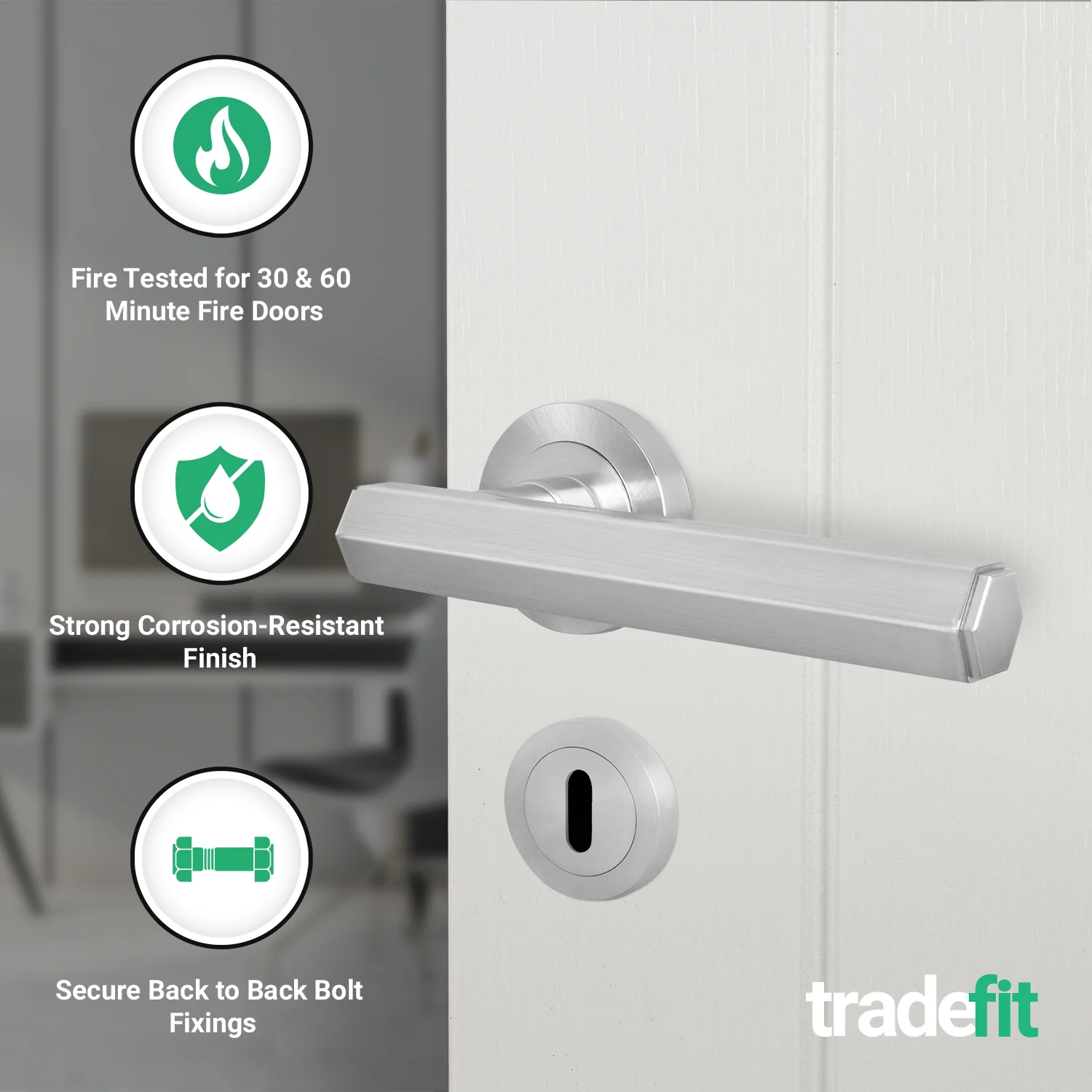 Moreno Satin Nickel Lever on Rose Door Handle Kit - Medium Duty FD30/60 - 80mm Sashlock - Image 2