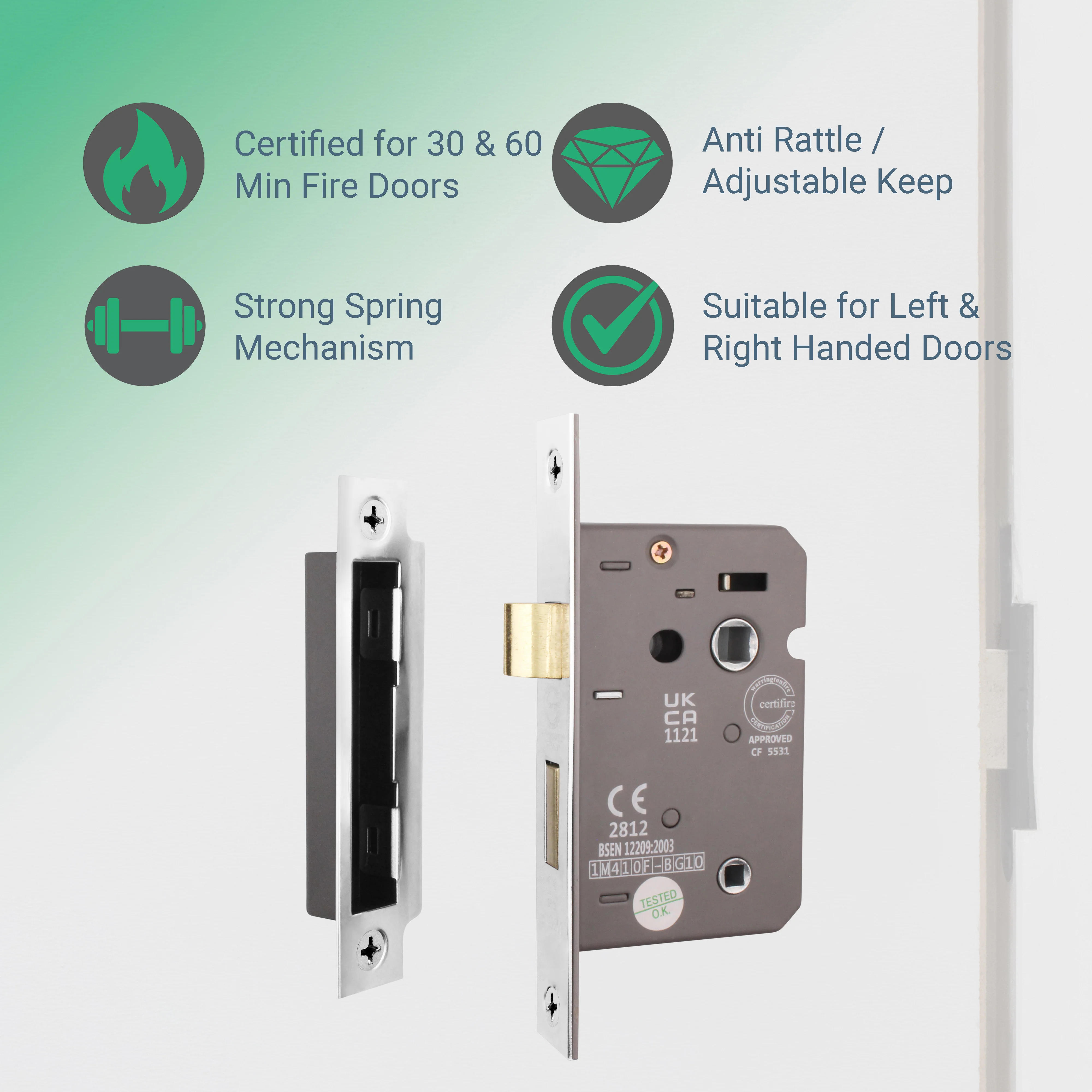 Mortice Fire Rated Bathroom Lock - 64mm / 44mm Backset - Polished Chrome - Image 3