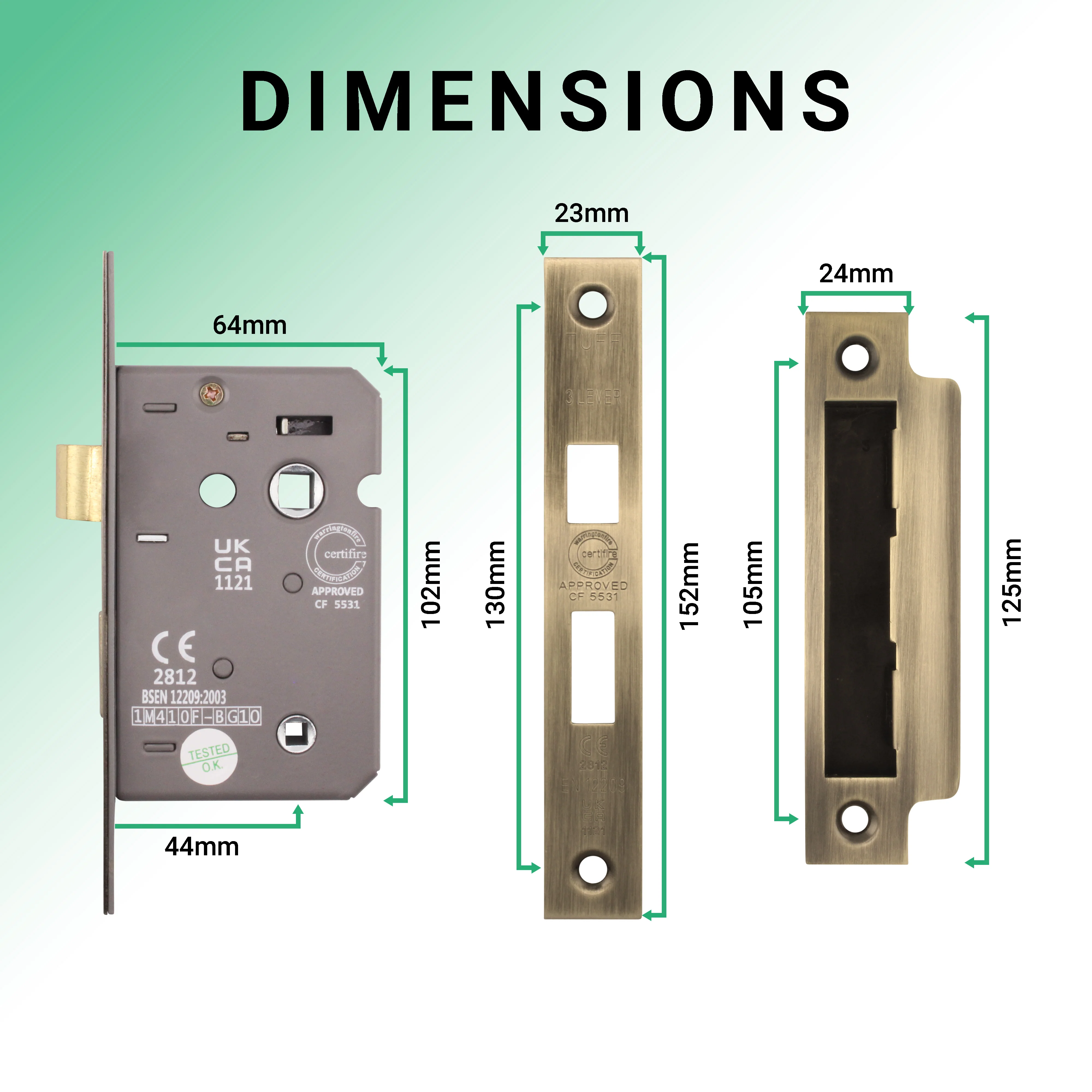 Mortice Fire Rated Bathroom Lock - 64mm Case Size - 44mm Backset - Antique Brass - Image 4