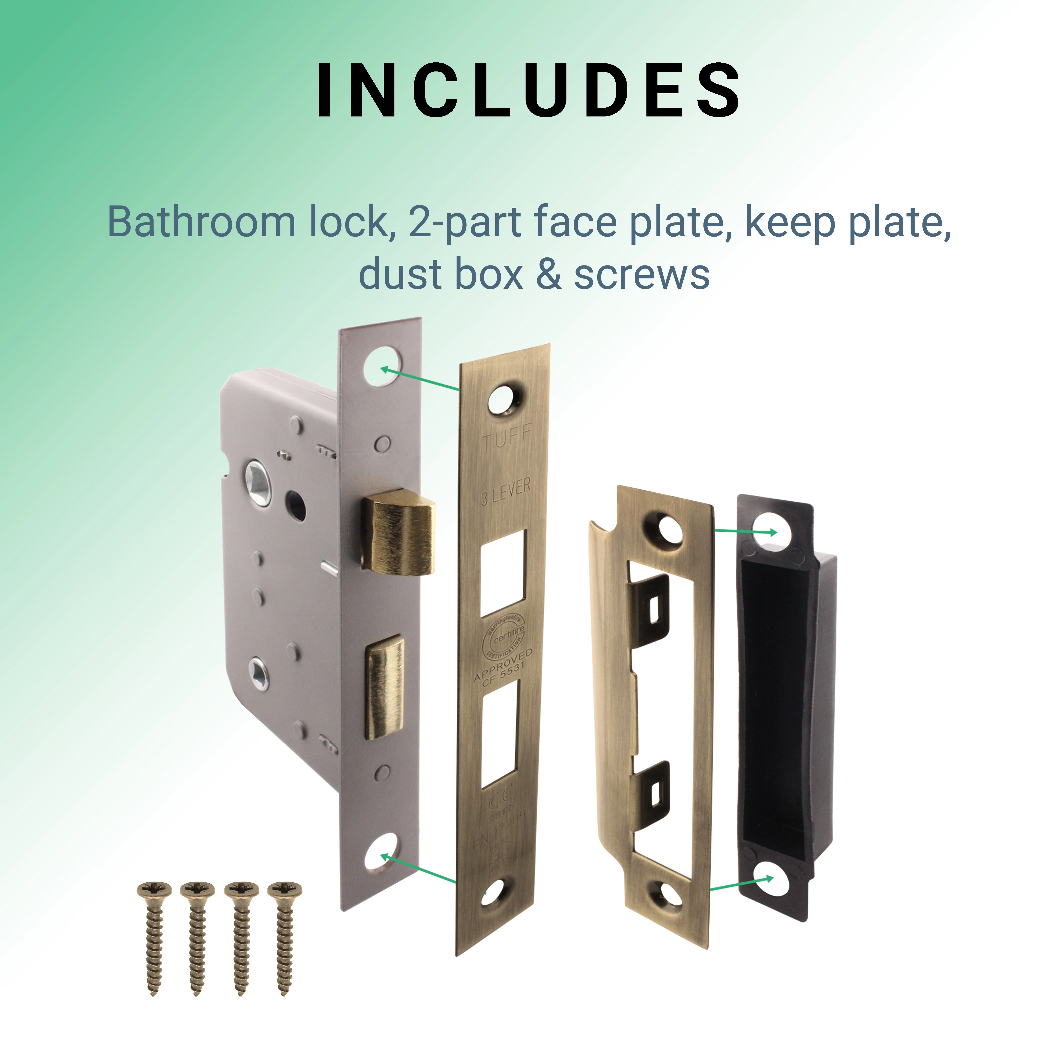 Mortice Fire Rated Bathroom Lock - 64mm Case Size - 44mm Backset - Antique Brass - Image 5