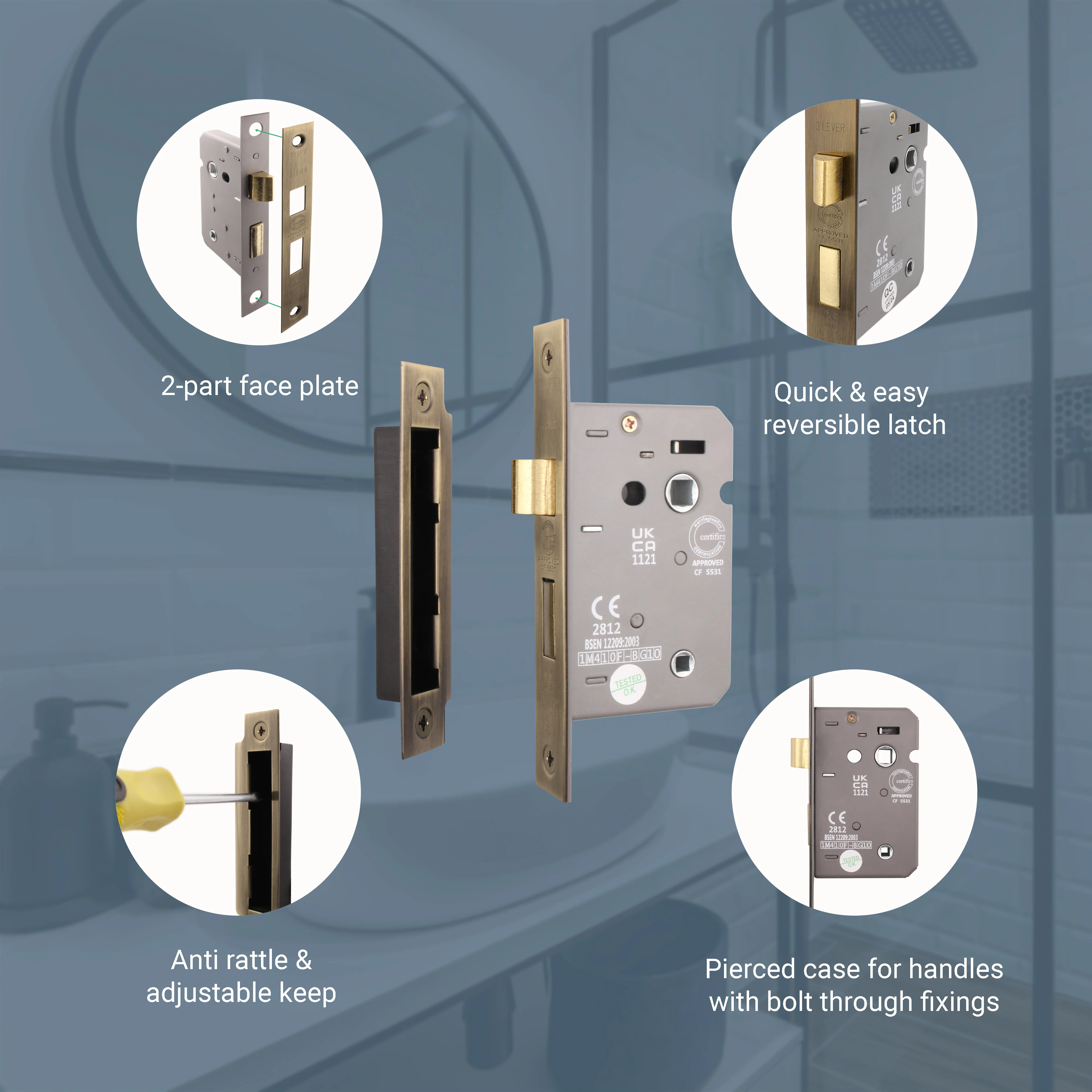 Mortice Fire Rated Bathroom Lock - 64mm Case Size - 44mm Backset - Antique Brass - Image 6