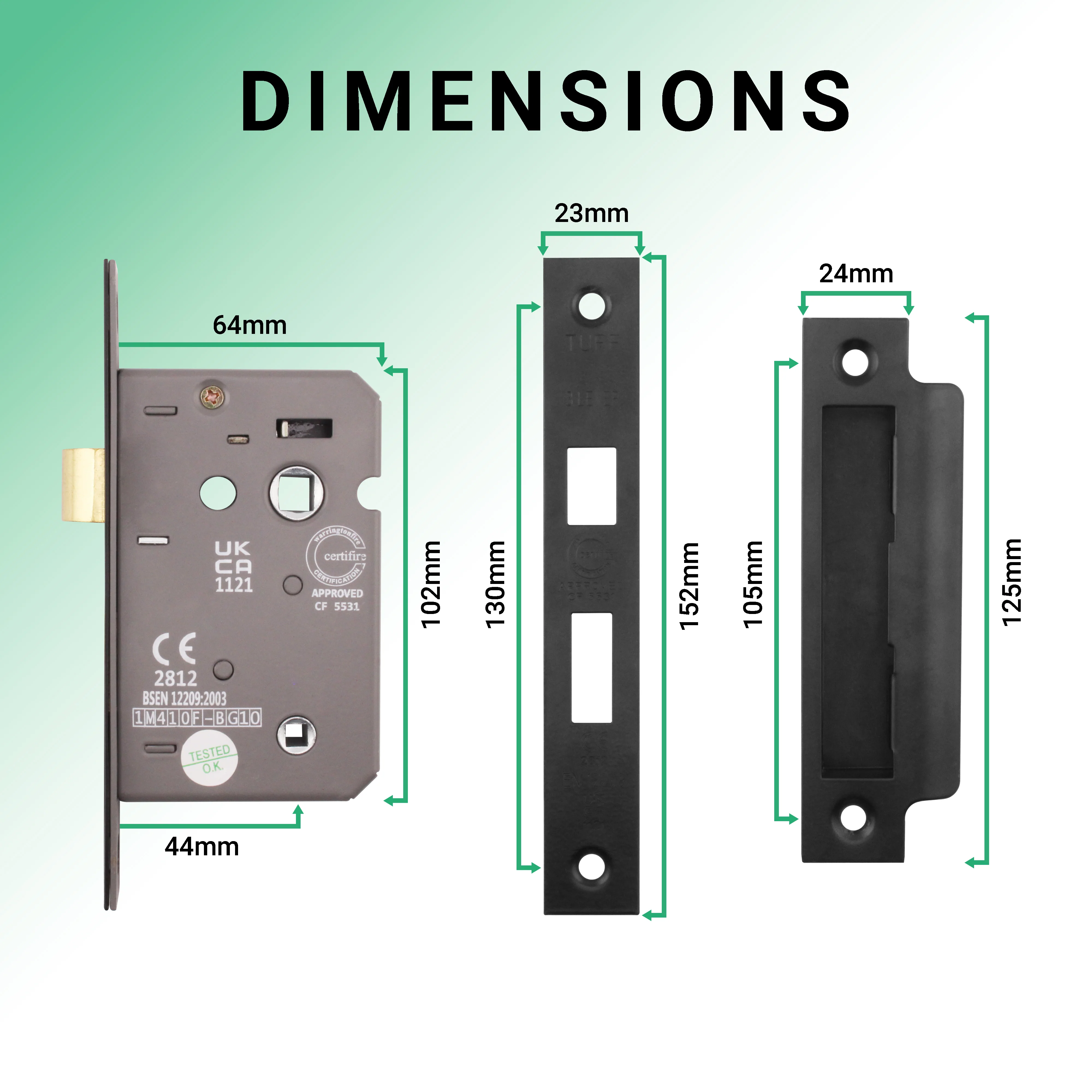 Mortice Fire Rated Bathroom Lock - 64mm Case Size - 44mm Backset - Black - Image 4