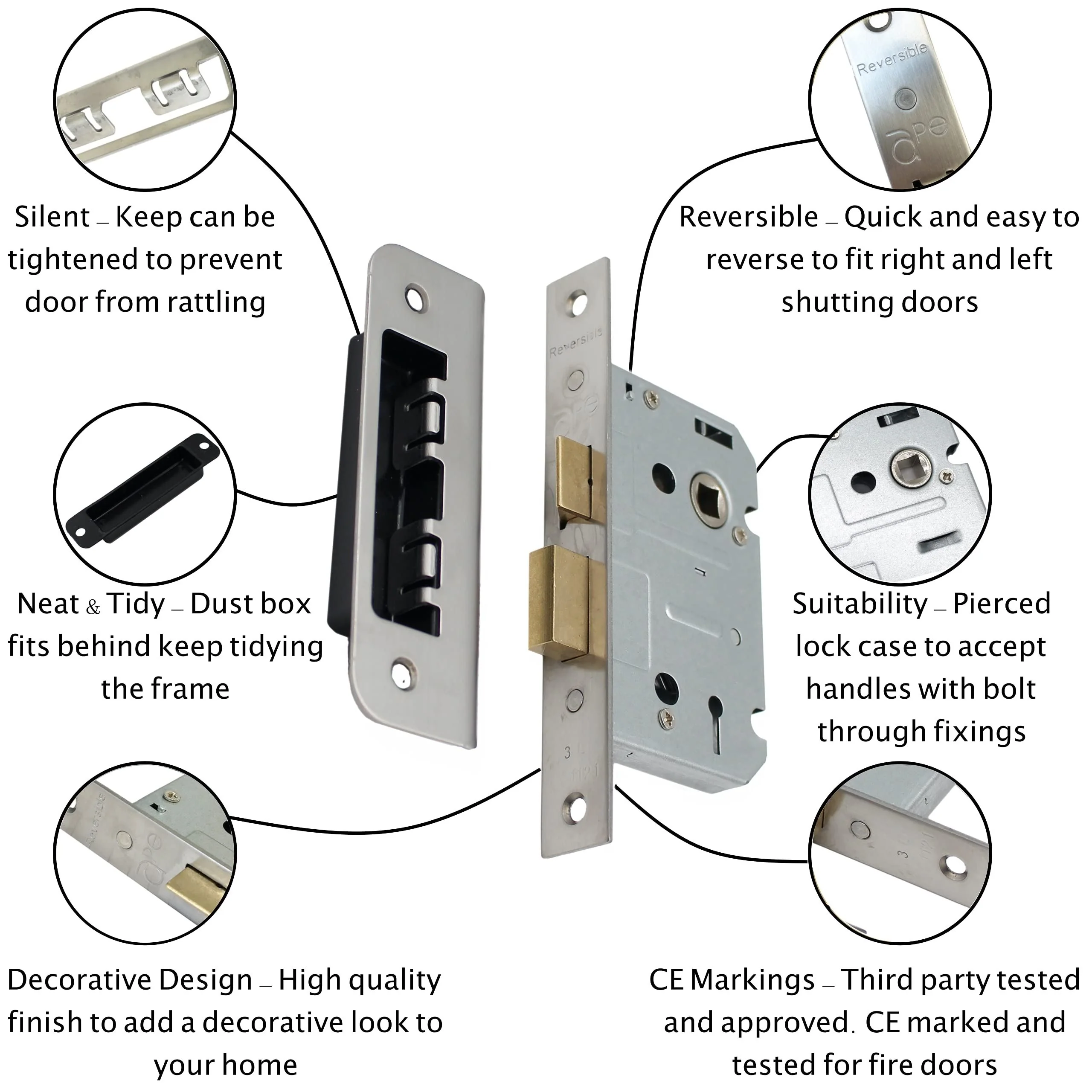 Mortice Sash Lock Lock Fire Rated - 64mm Case Size - 44mm Backset - Square Satin Stainless - Image 2