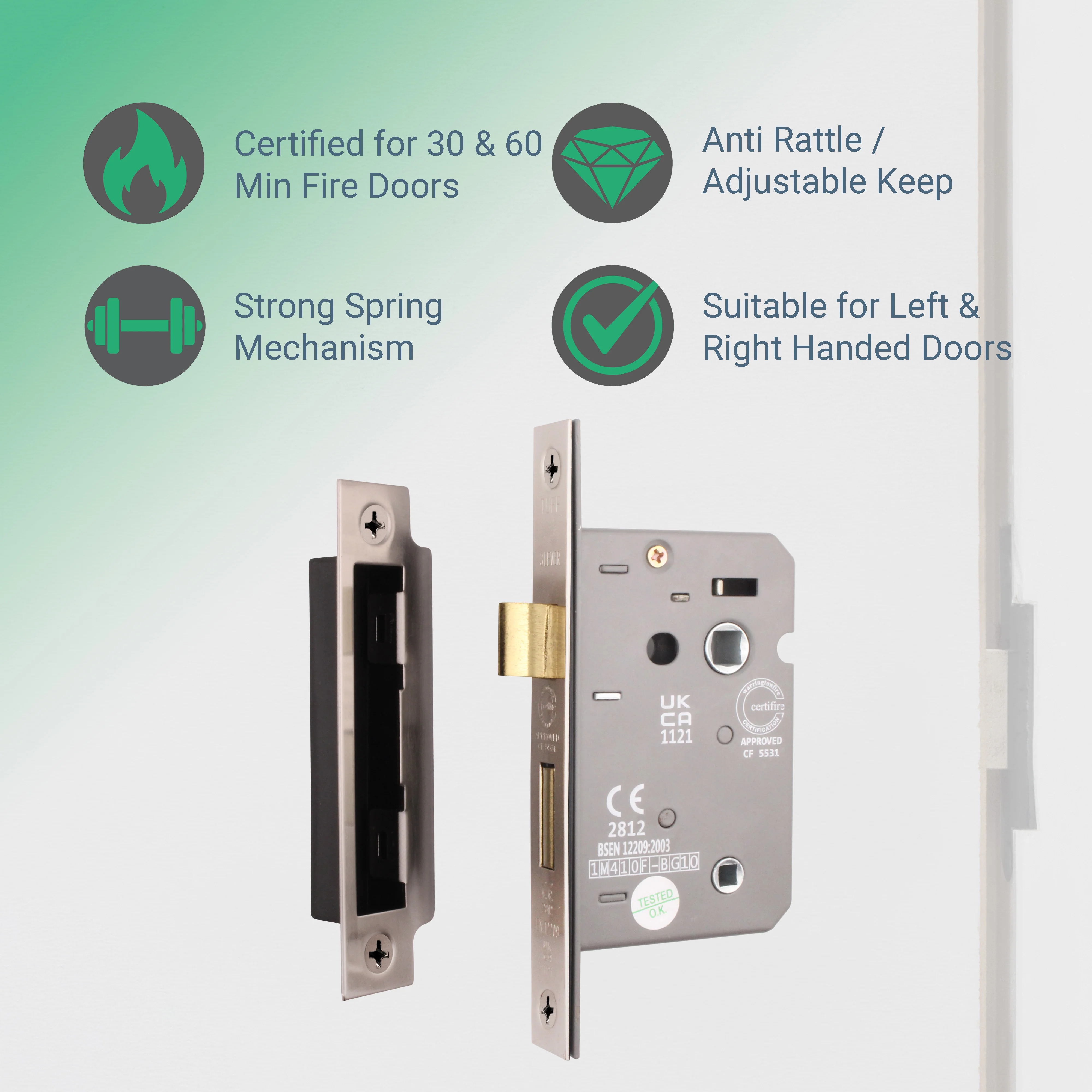Mortice Fire Rated Bathroom Lock - 64mm Case Size - 44mm Backset - Satin Nickel - Image 3