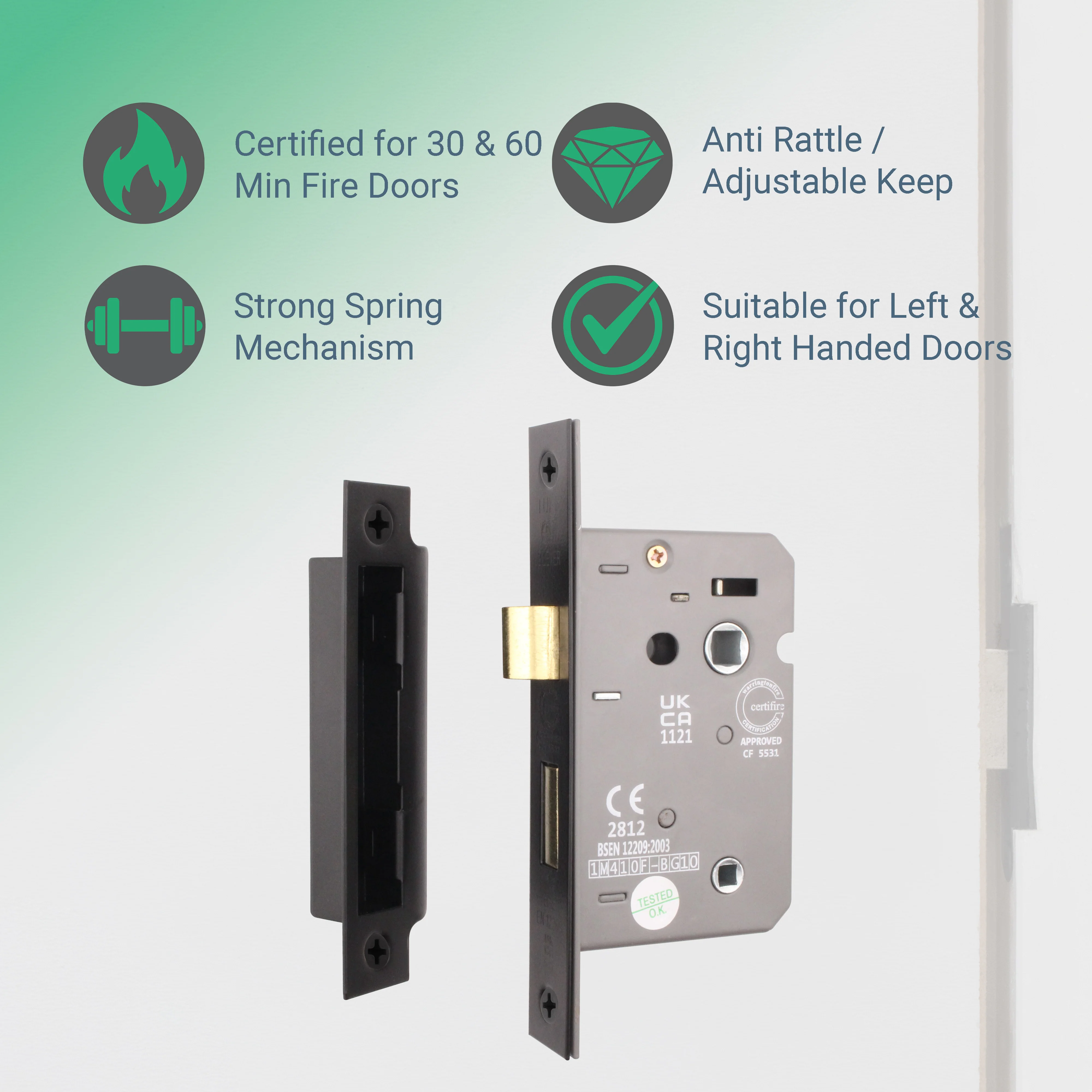 Mortice Bathroom Lock Fire Rated - 80mm Case Size - 57mm Backset - Square Black - Image 3