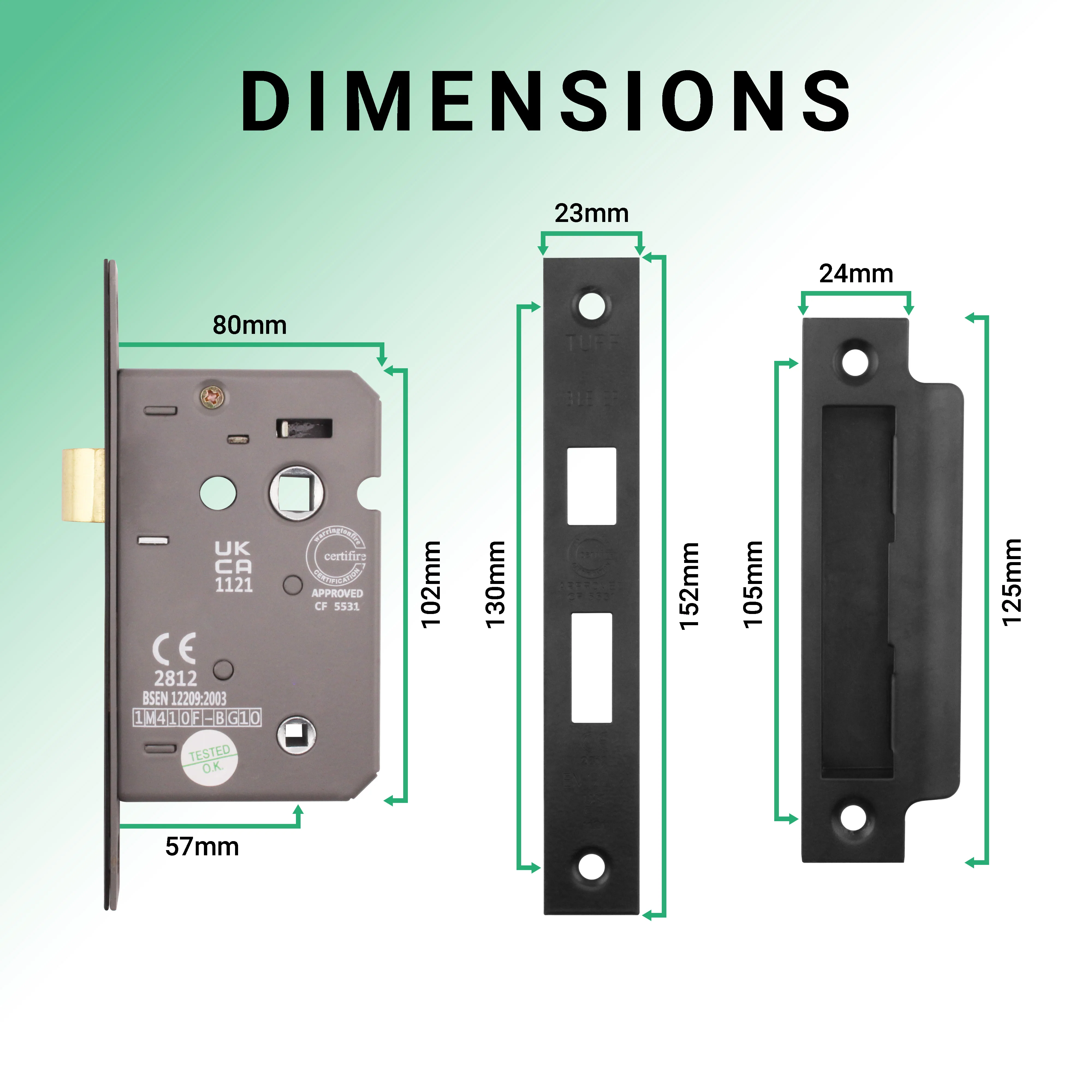 Mortice Bathroom Lock Fire Rated - 80mm Case Size - 57mm Backset - Square Black - Image 4