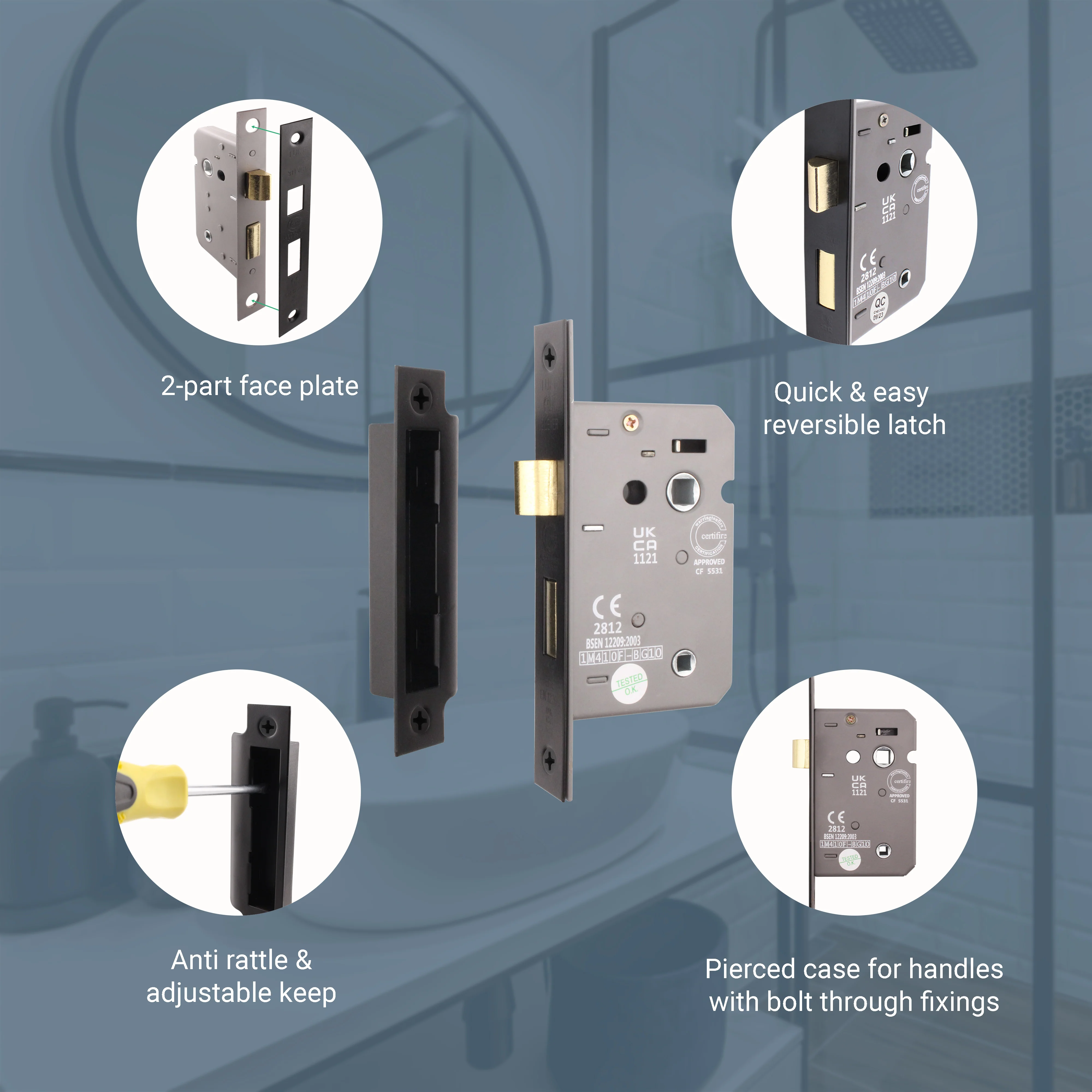 Mortice Bathroom Lock Fire Rated - 80mm Case Size - 57mm Backset - Square Black - Image 6