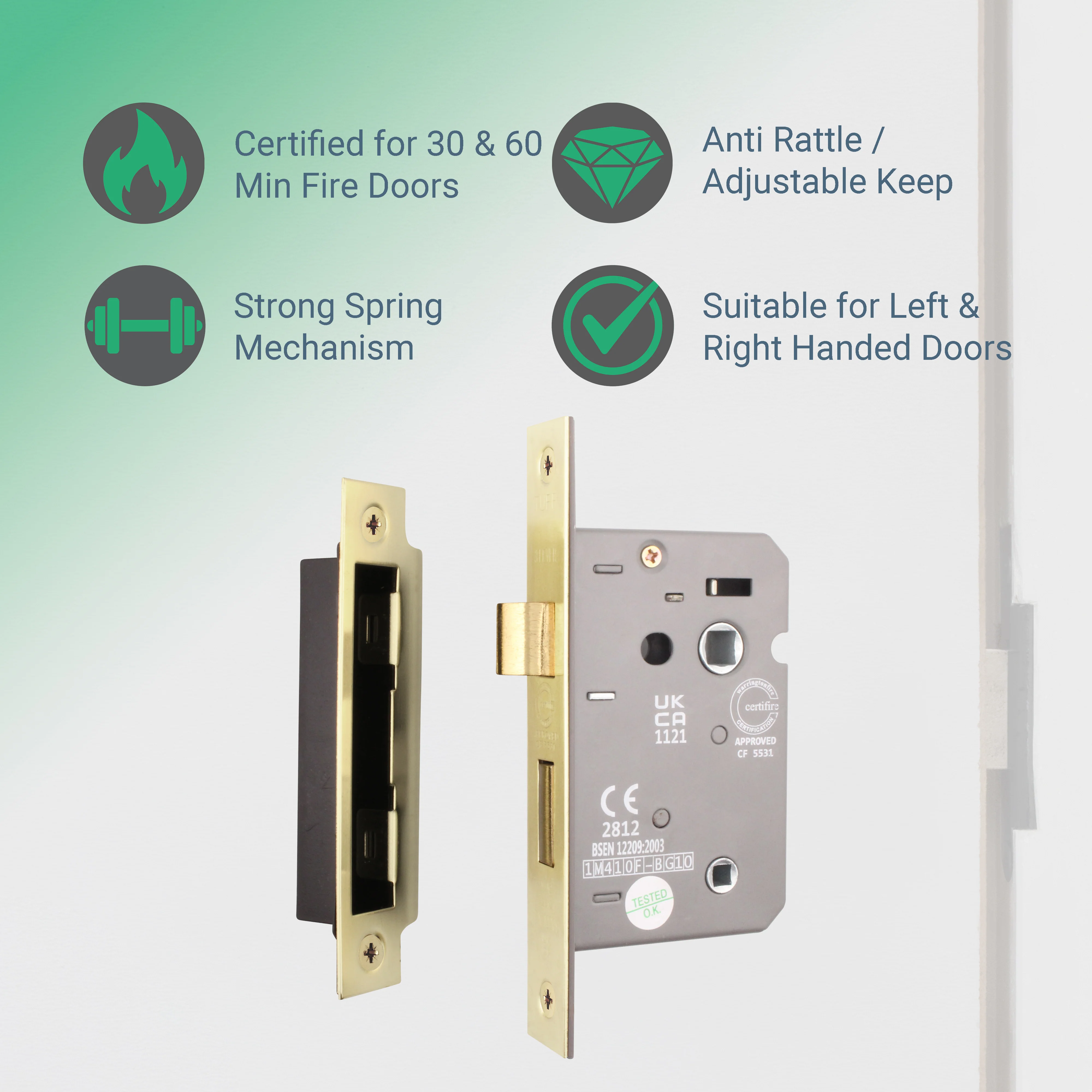 Mortice Fire Rated Bathroom Lock - 80mm Case Size - 57mm Backset - Satin Brass - Image 3