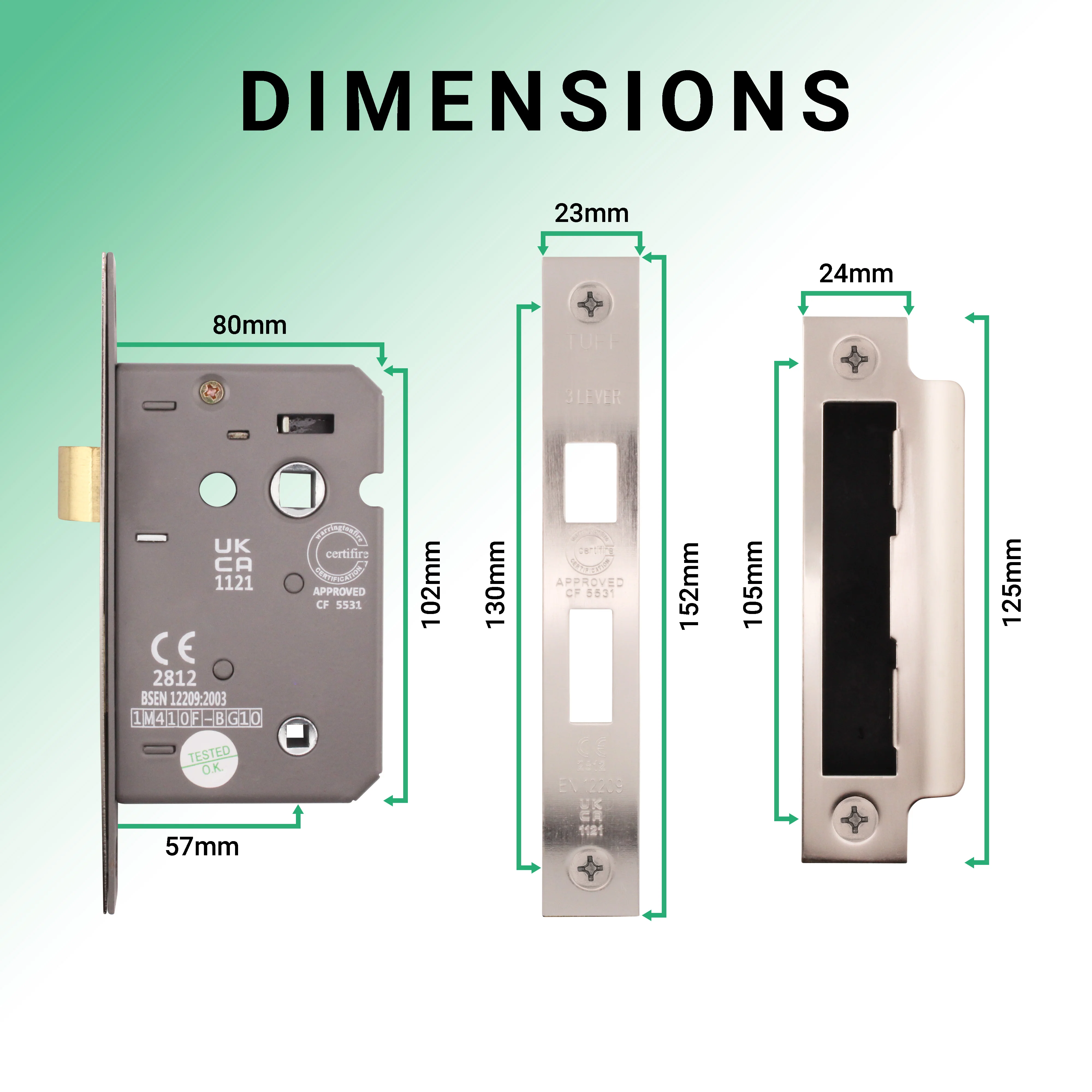 Mortice Fire Rated Bathroom Lock - 80mm Case Size - 57mm Backset - Satin Nickel - Image 4
