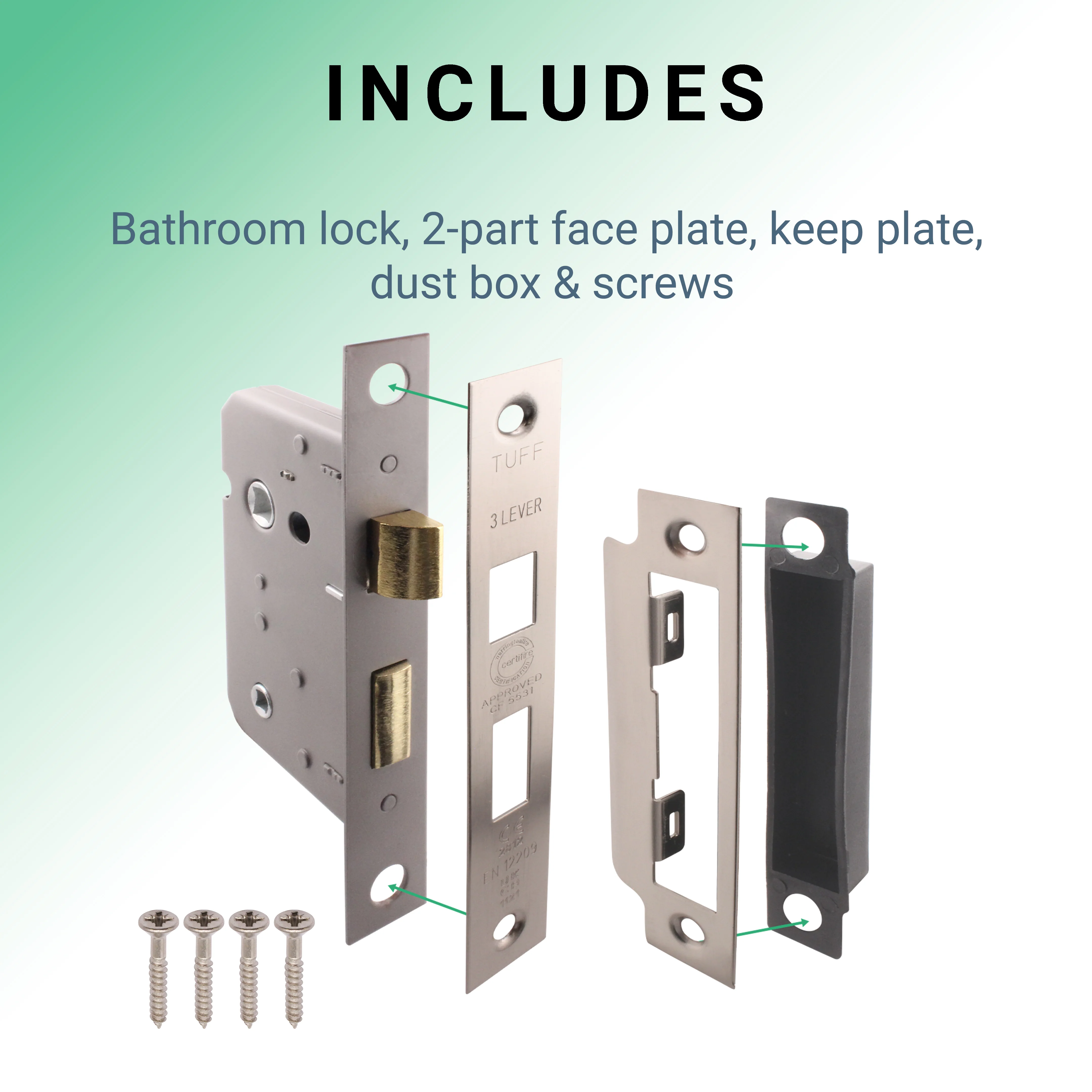 Mortice Fire Rated Bathroom Lock - 80mm Case Size - 57mm Backset - Satin Nickel - Image 5