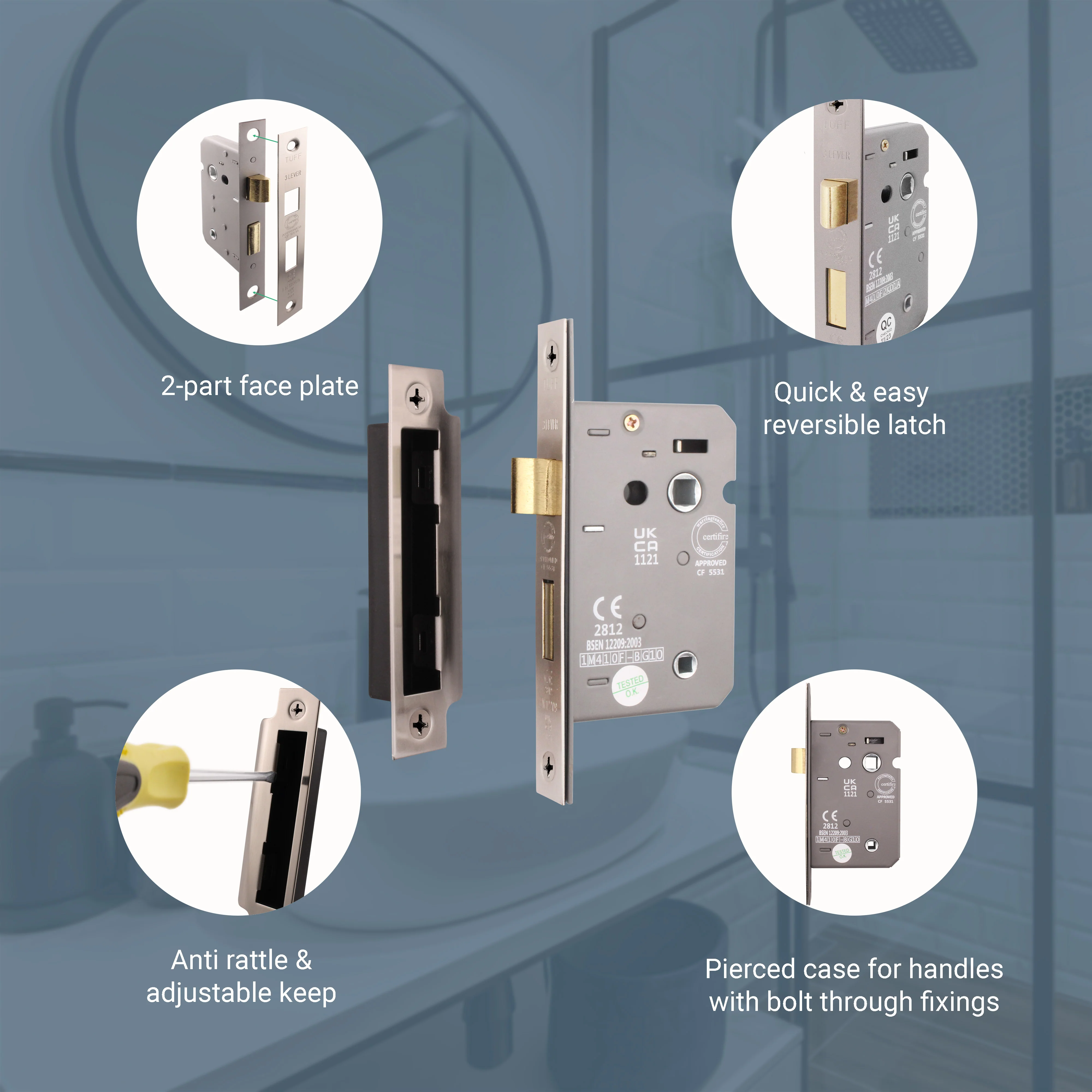 Mortice Fire Rated Bathroom Lock - 80mm Case Size - 57mm Backset - Satin Nickel - Image 6