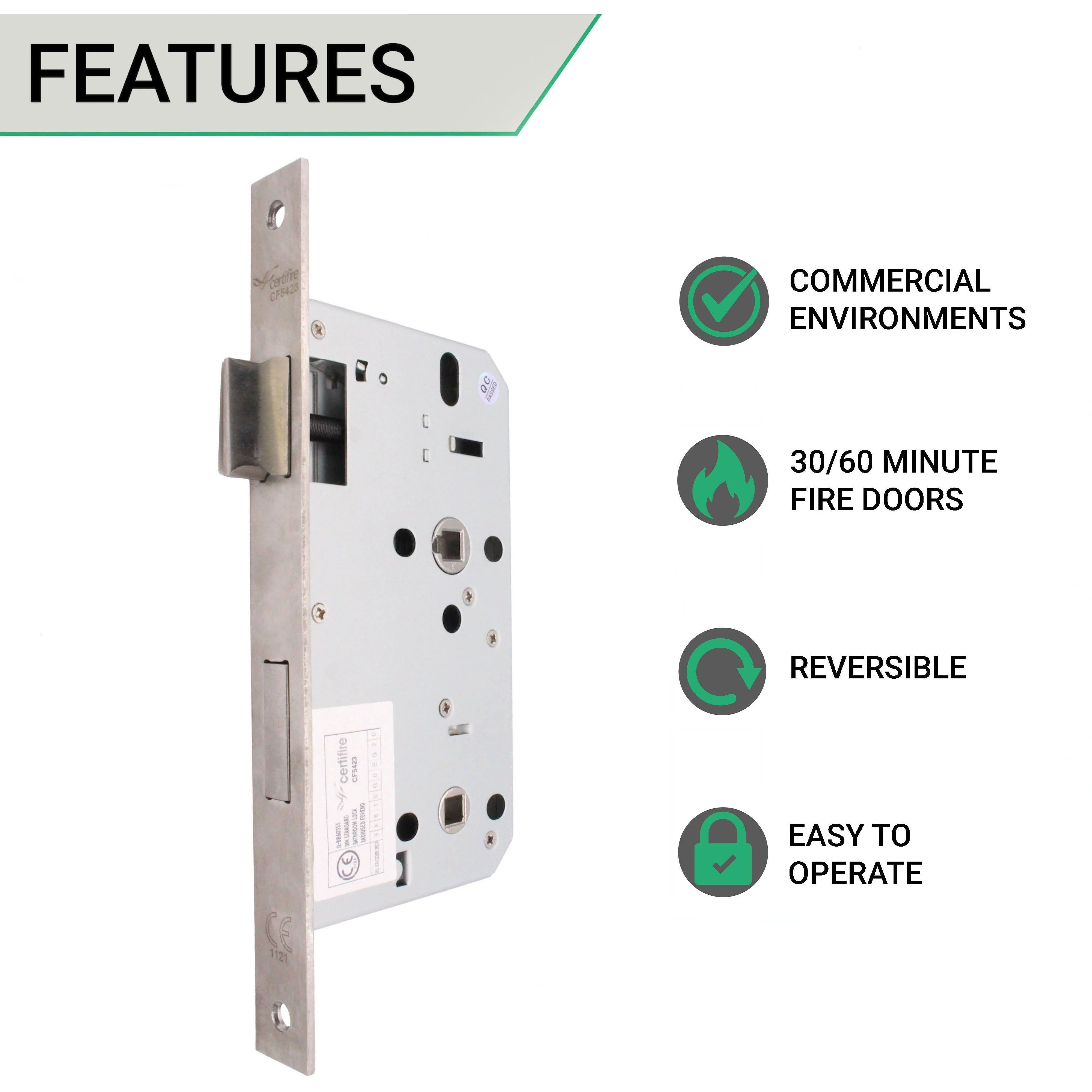 Fire Rated DIN Bathroom Lock - 60mm Backset / 90mm Case / 72mm Centres- Satin Stainless Steel - Image 3