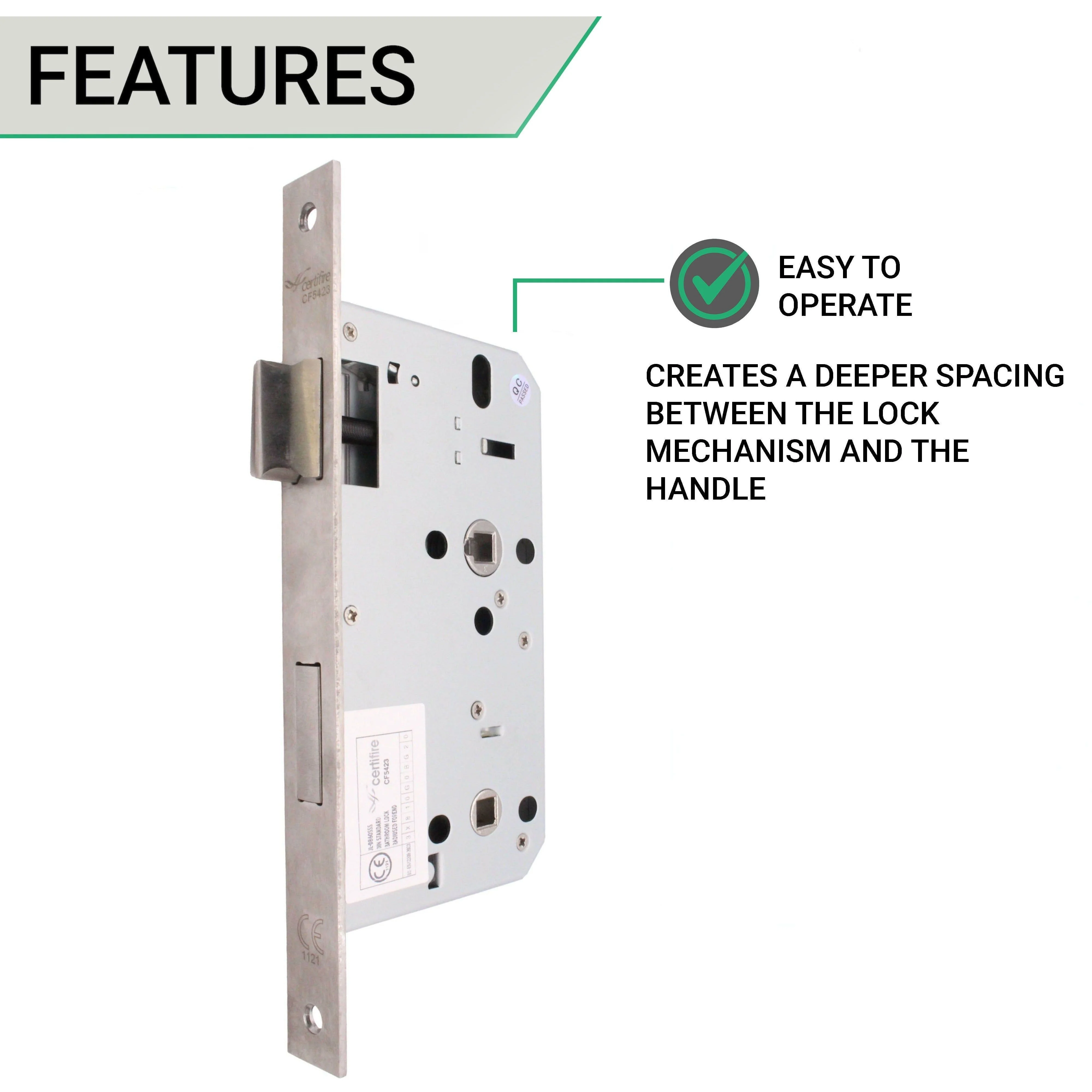 Fire Rated DIN Bathroom Lock - 60mm Backset / 90mm Case / 72mm Centres- Satin Stainless Steel - Image 4