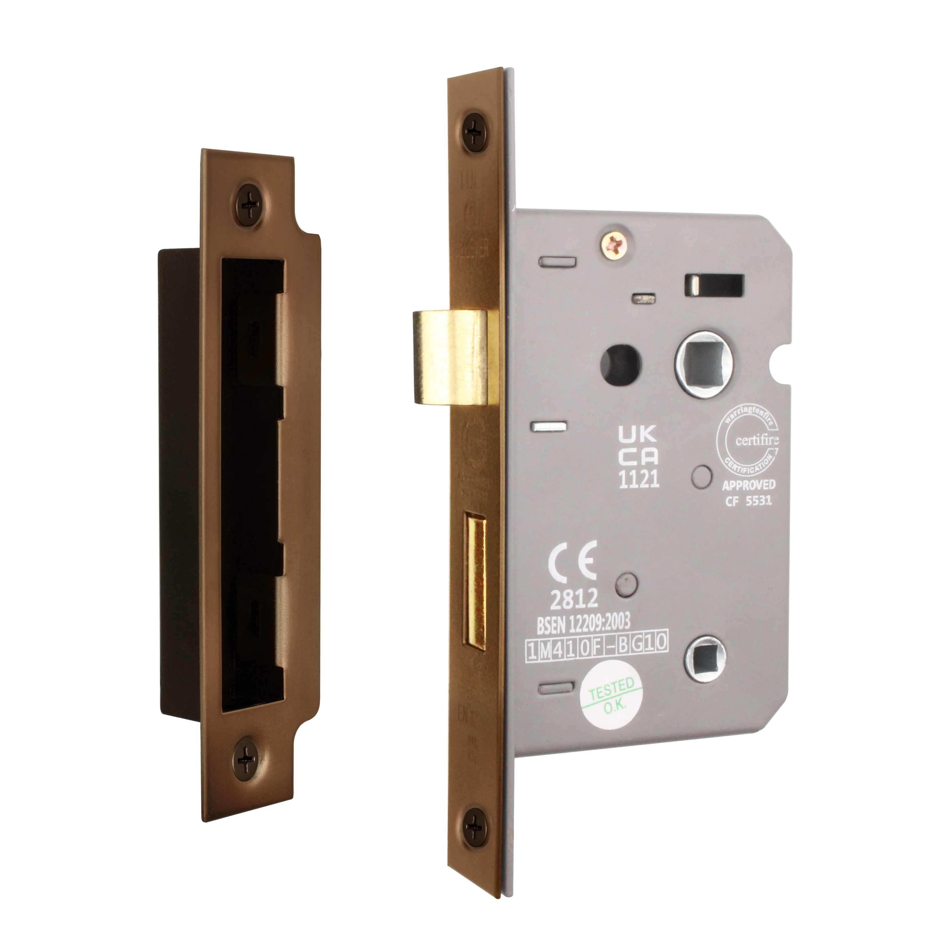 Mortice Bathroom Lock Fire Rated - 80mm Case Size - 57mm Backset - Bronze