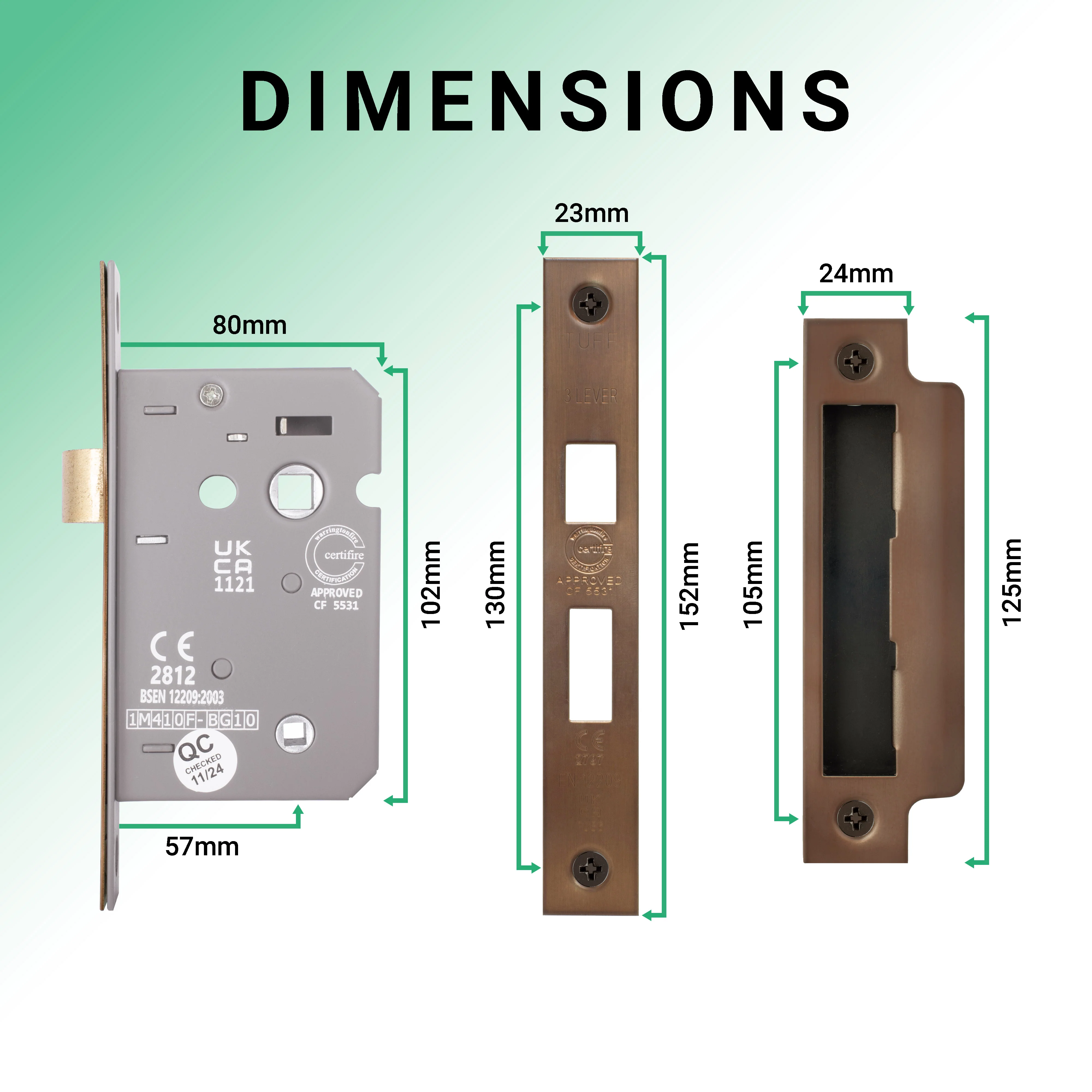 Mortice Bathroom Lock Fire Rated - 80mm Case Size - 57mm Backset - Bronze - Image 2