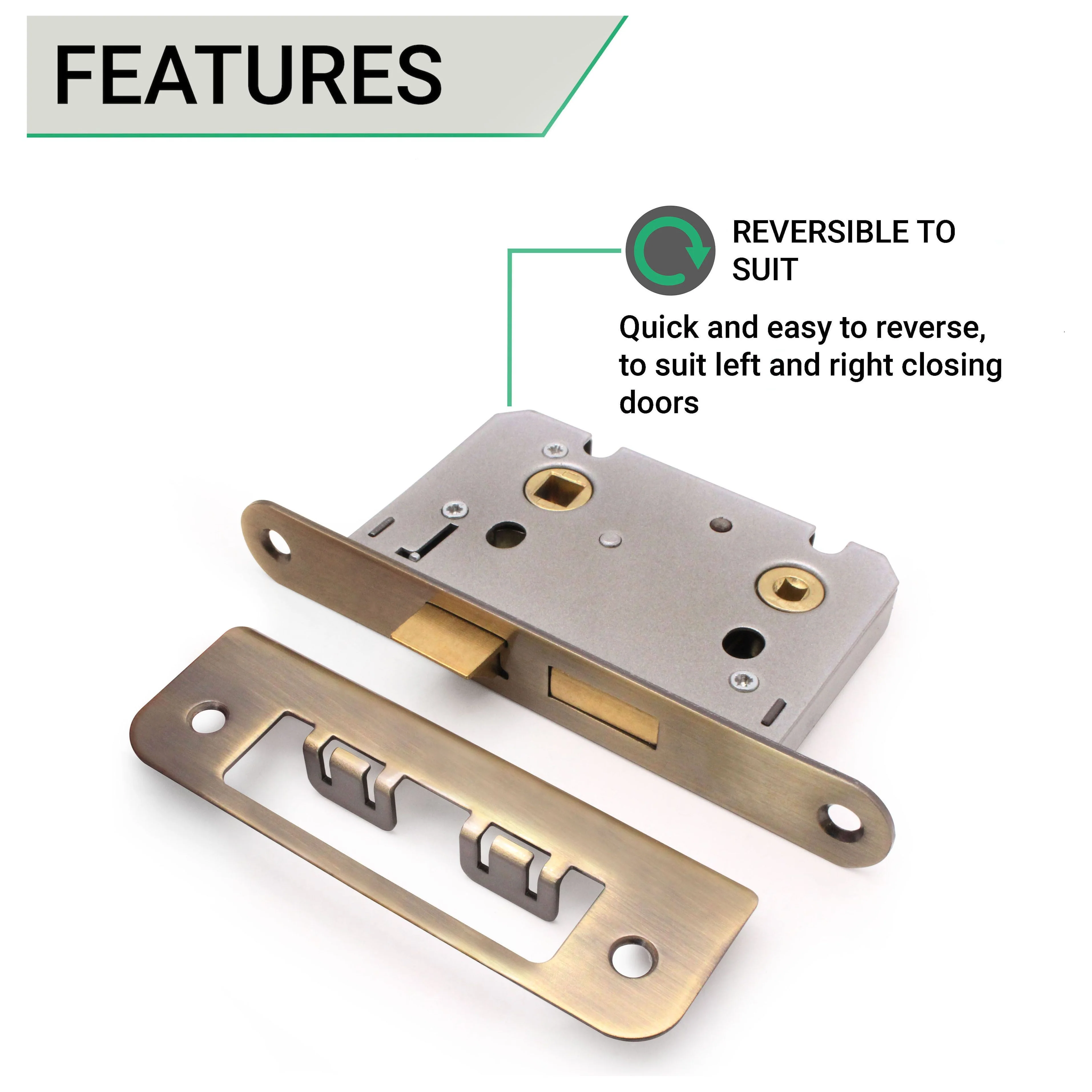 Mortice Bathroom Lock Radius Faceplate - 64mm Case / 44mm Backset - Antique Brass - Image 3