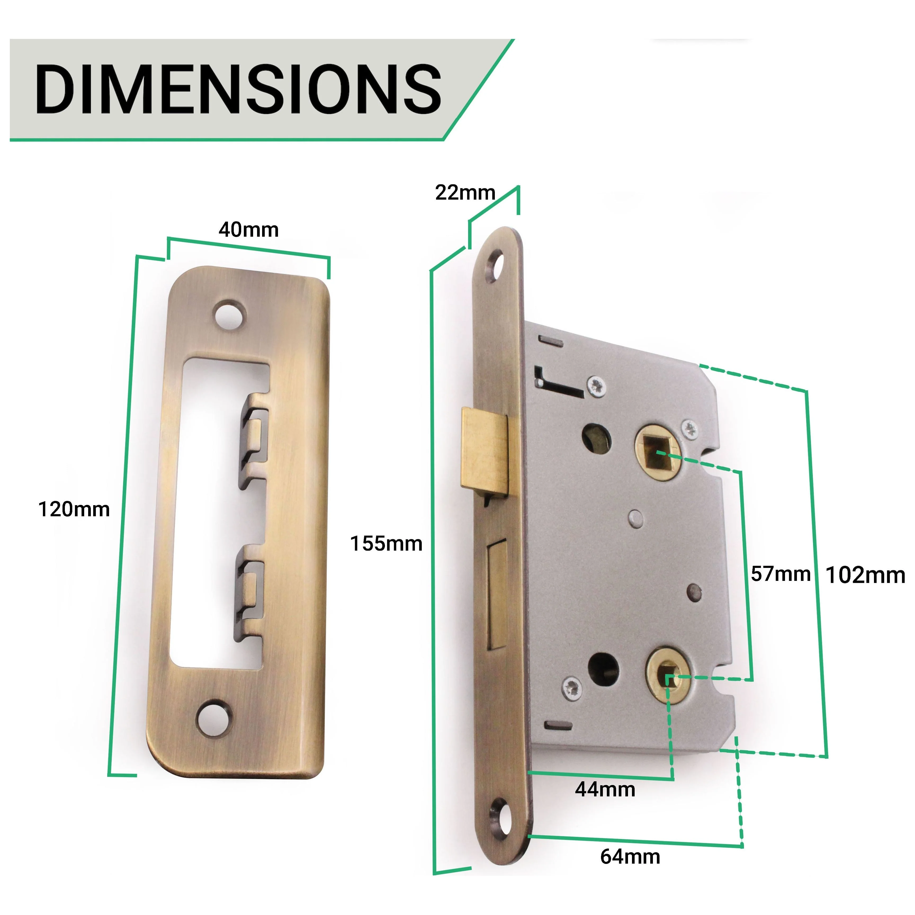 Mortice Bathroom Lock Radius Faceplate - 64mm Case / 44mm Backset - Antique Brass - Image 4