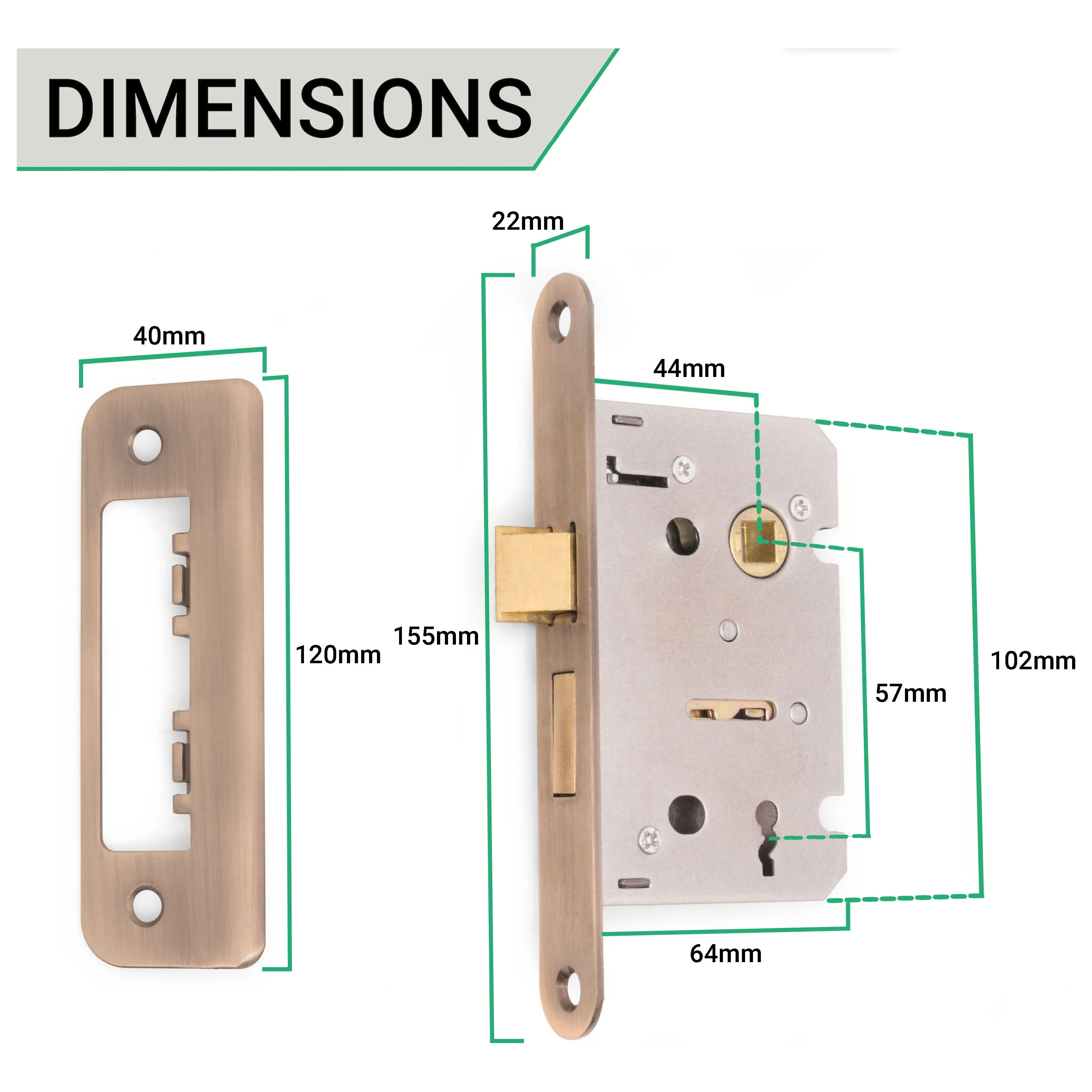 Mortice Sashlock Lock Radius Faceplate - 64mm Case / 44mm Backset - Antique Brass - Image 4
