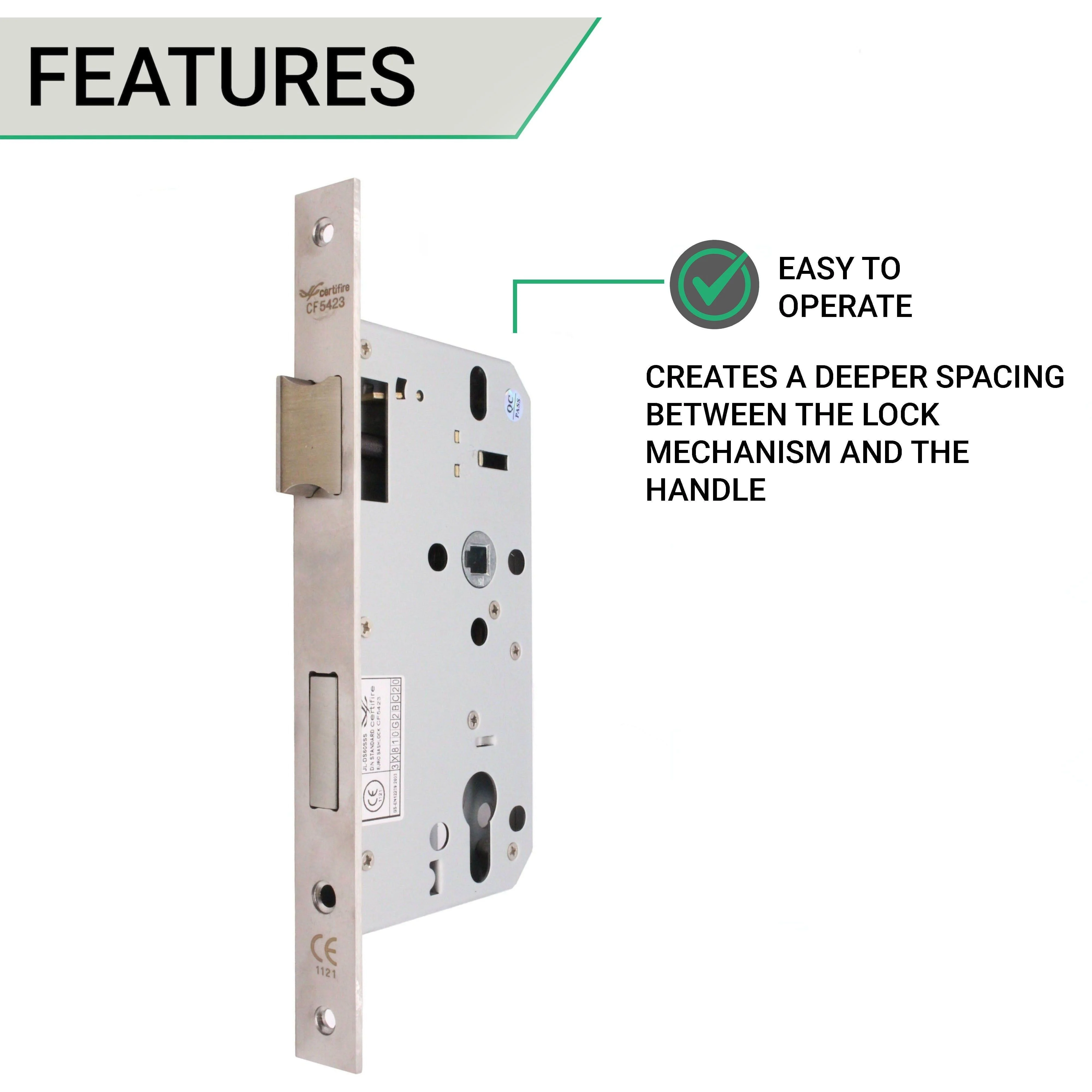 Fire Rated DIN Sashlock - 60mm Backset / 90mm Case / 72mm Centres - Satin Stainless Steel - Image 4