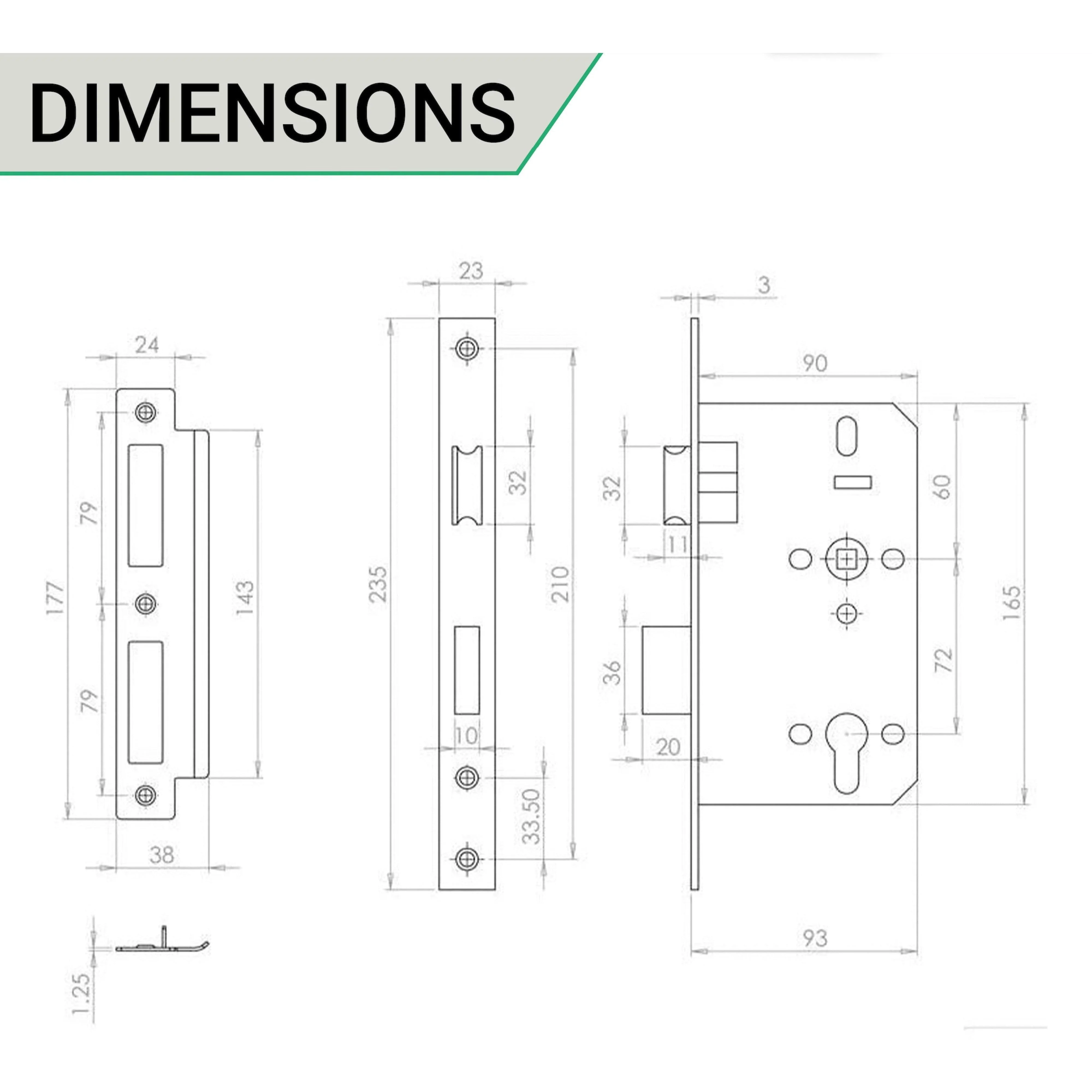 Fire Rated DIN Sashlock - 60mm Backset / 90mm Case / 72mm Centres - Satin Stainless Steel - Image 5