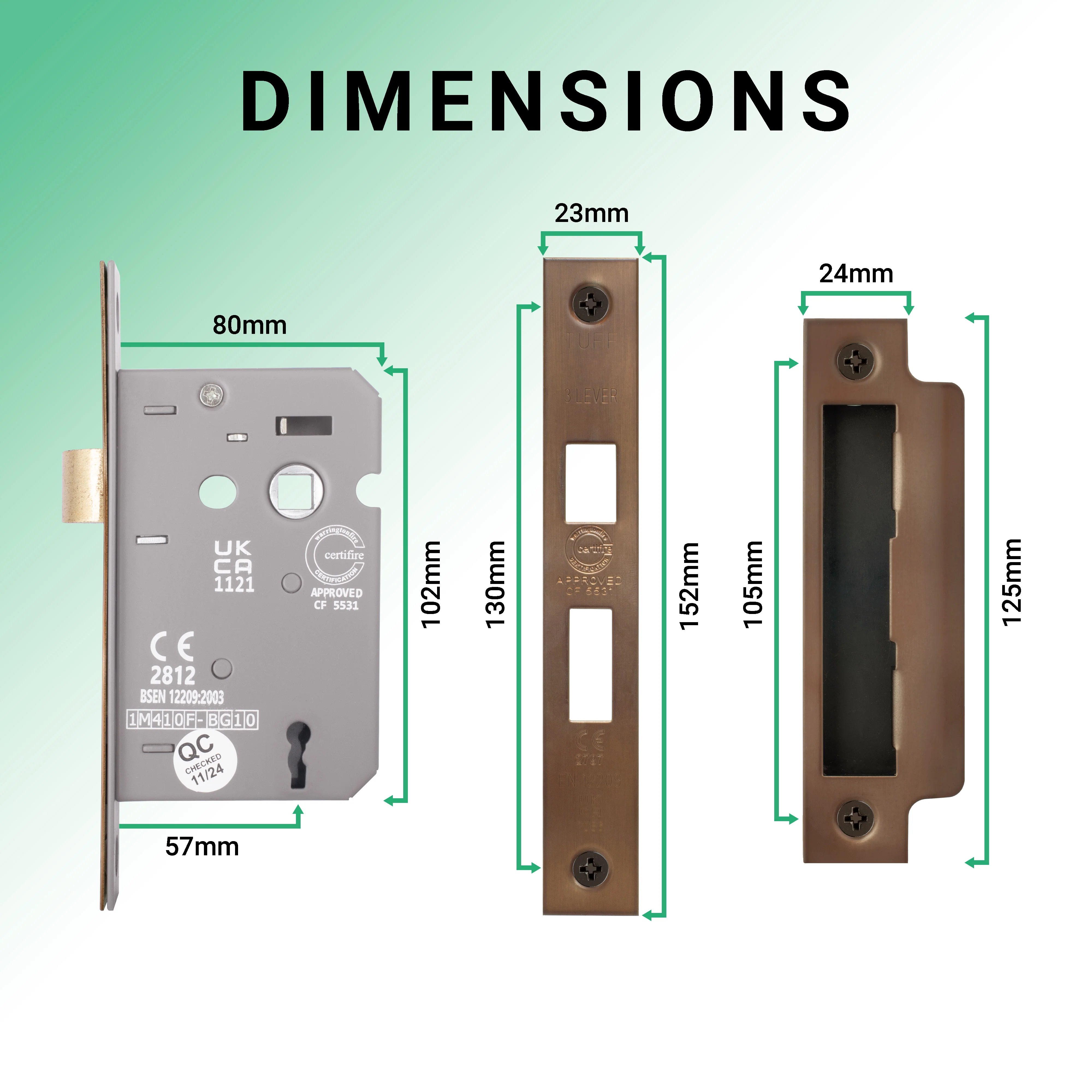 Mortice Fire Rated Sashlock - 80mm Case Size - 57mm Backset - Bronze - Image 2