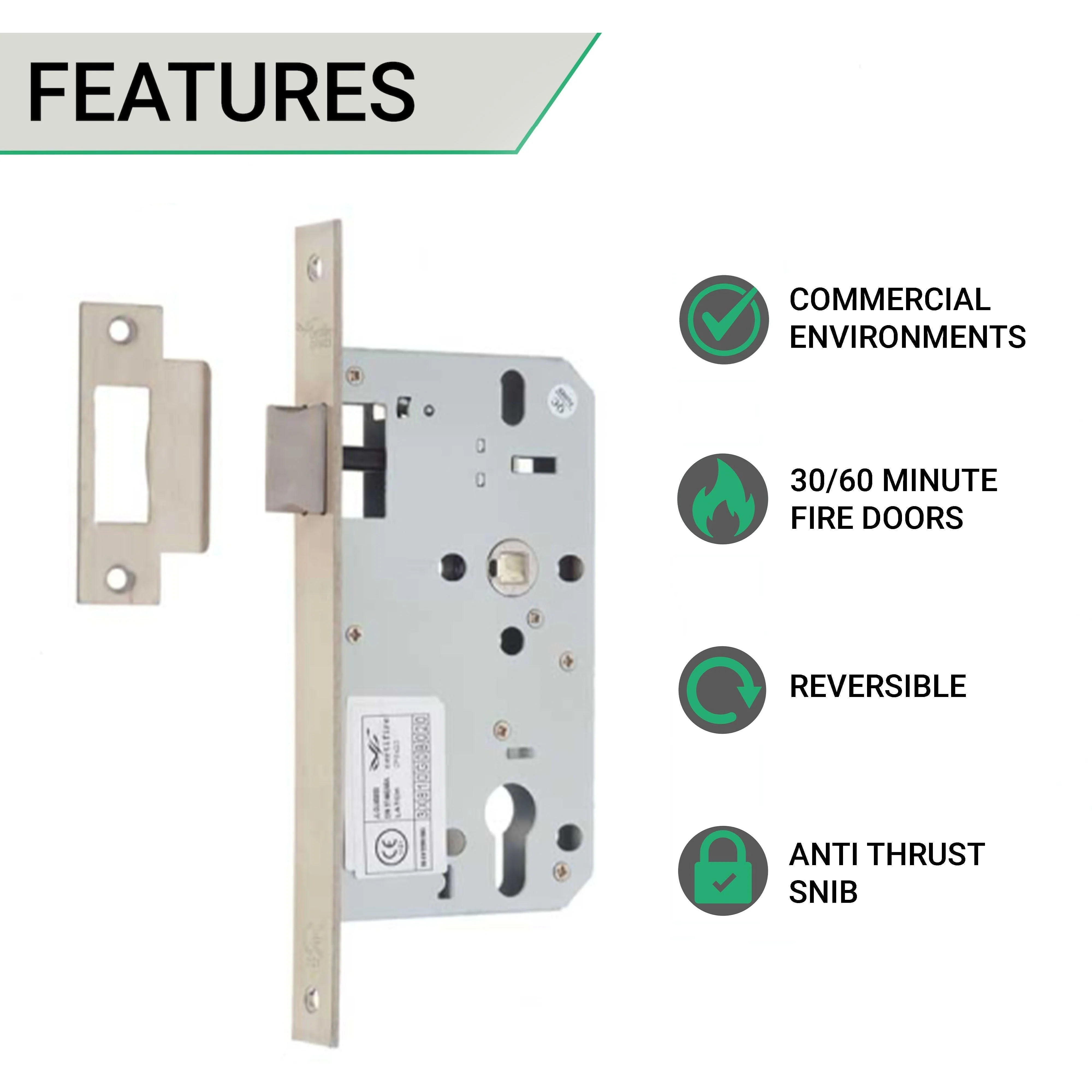 Fire Rated DIN Latch - 60mm Backset / 90mm Case / 72mm Centres - Satin Stainless Steel - Image 2