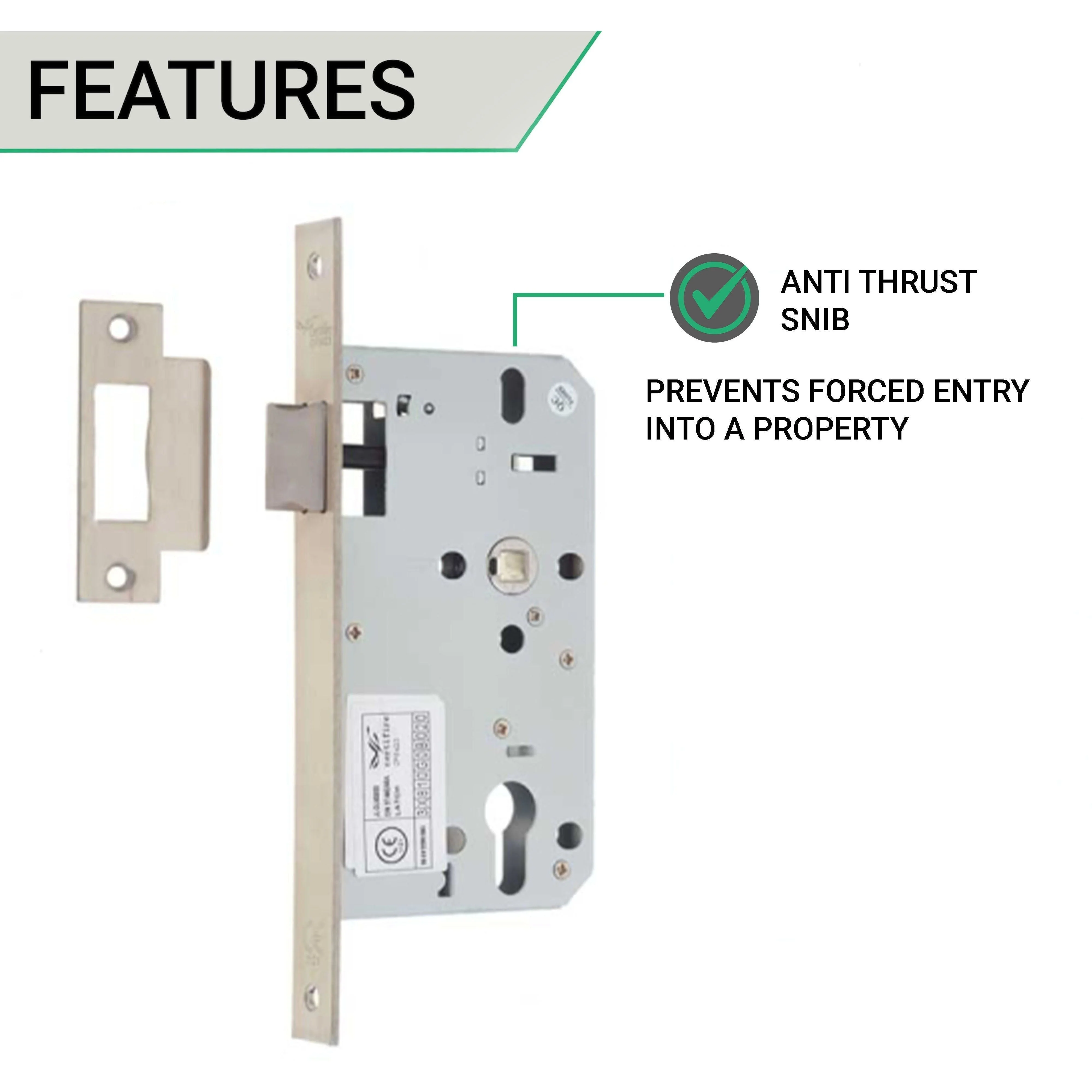 Fire Rated DIN Latch - 60mm Backset / 90mm Case / 72mm Centres - Satin Stainless Steel - Image 3